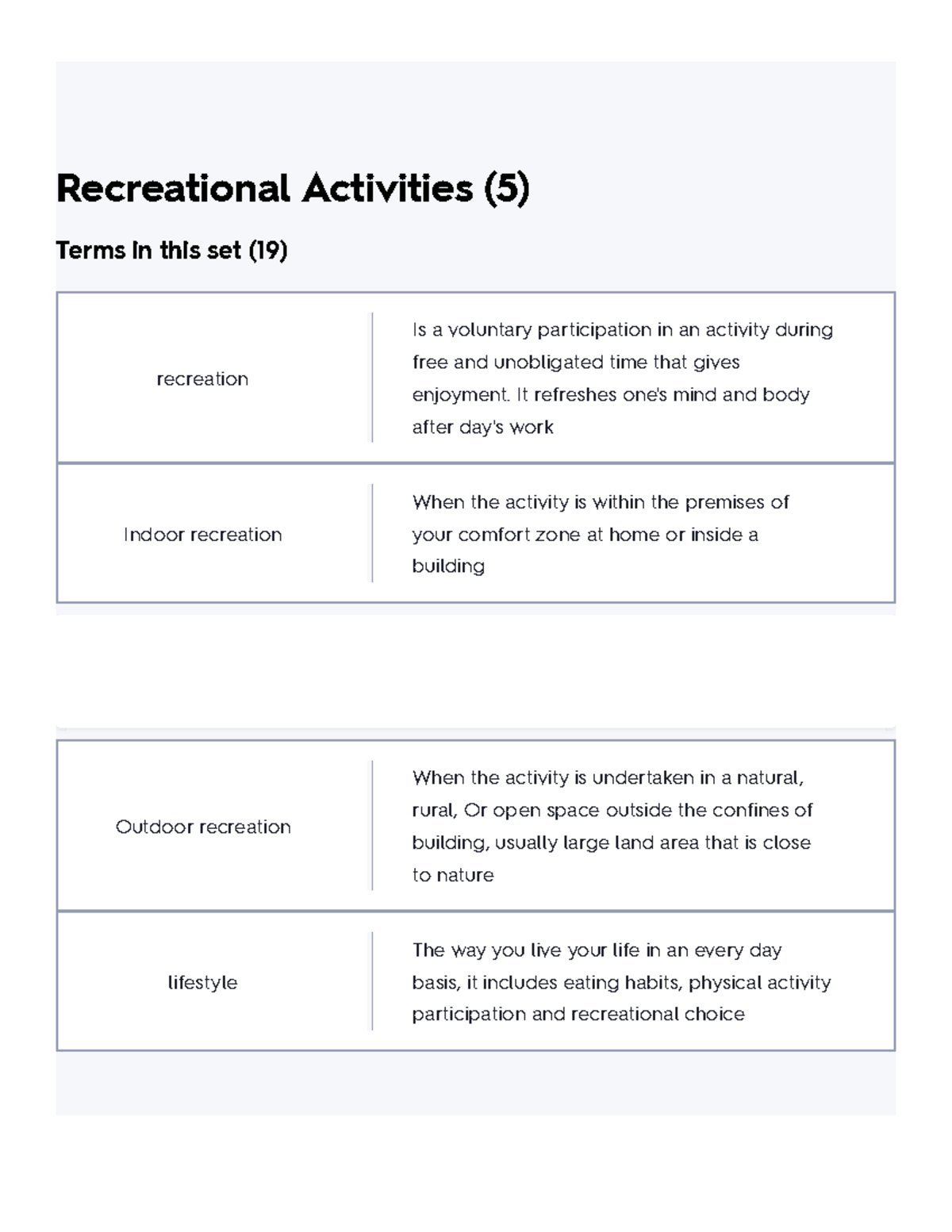 Recreational Activities (5) Flashcards Quizlet Recreational