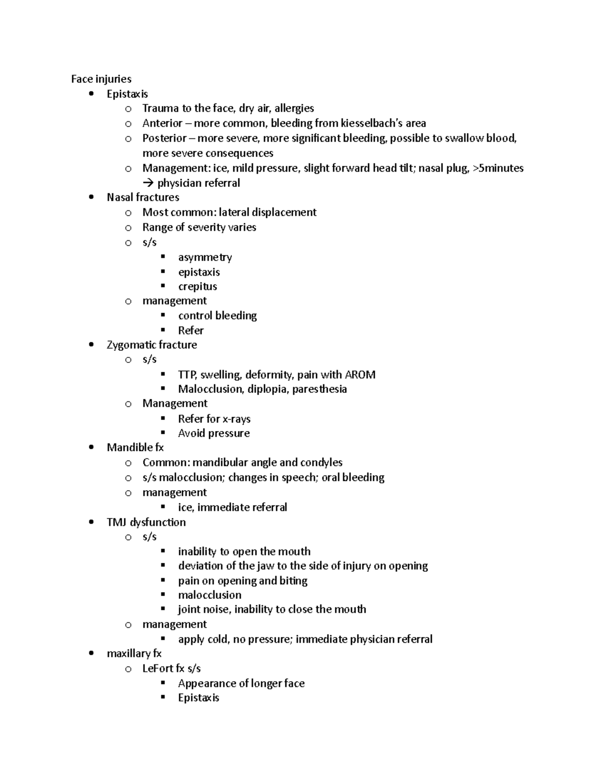 Face injuries - face injury lecture notes - Face injuries Epistaxis o ...