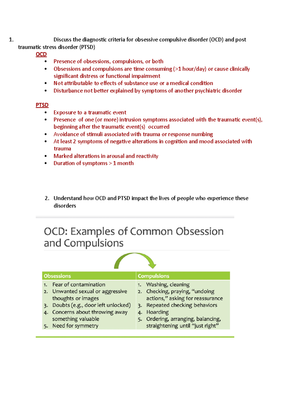 OCD and PTSD Psych Exam 1 1. Discuss the diagnostic criteria for