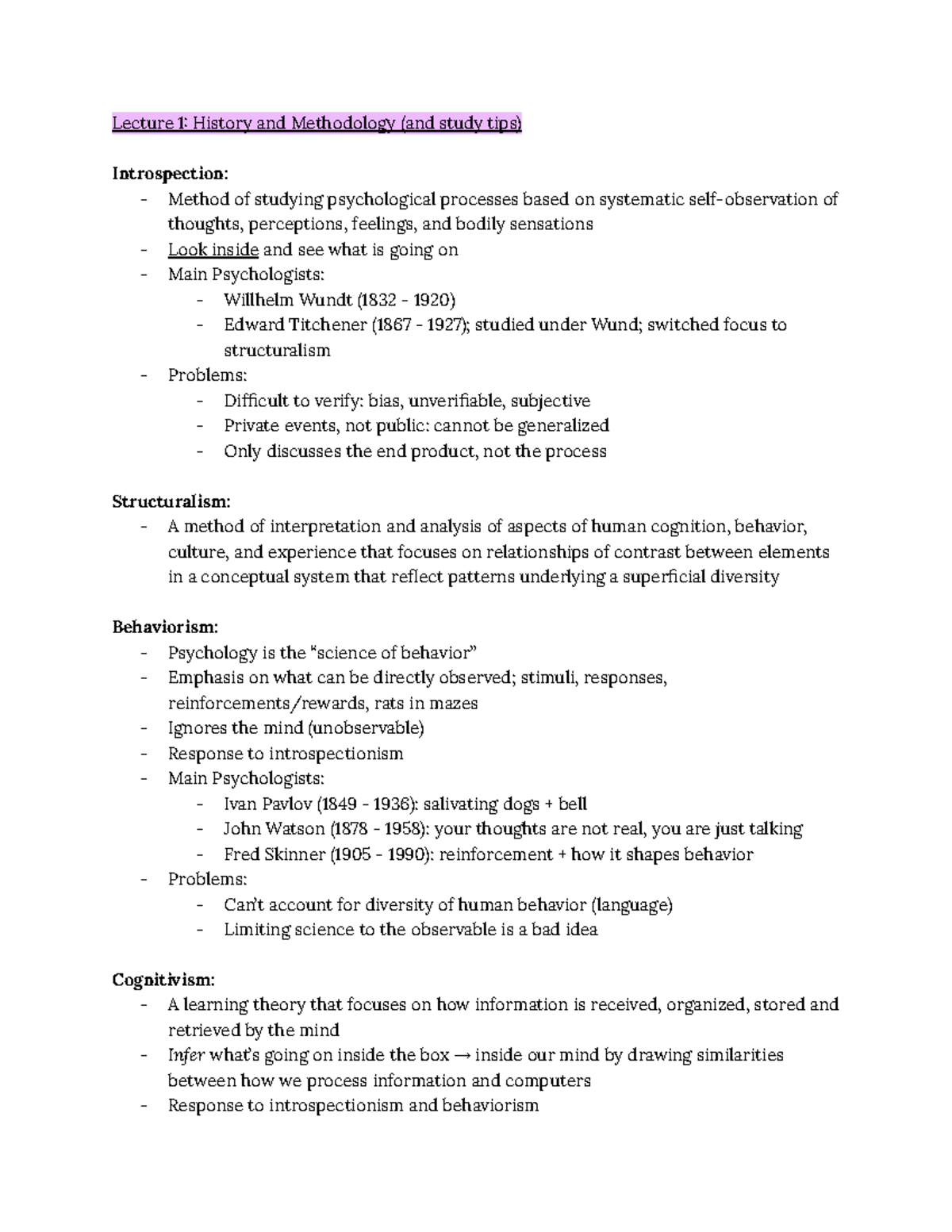 Psych 240 Exam 1 Review - Lecture 1 History and Methodology (and study ...