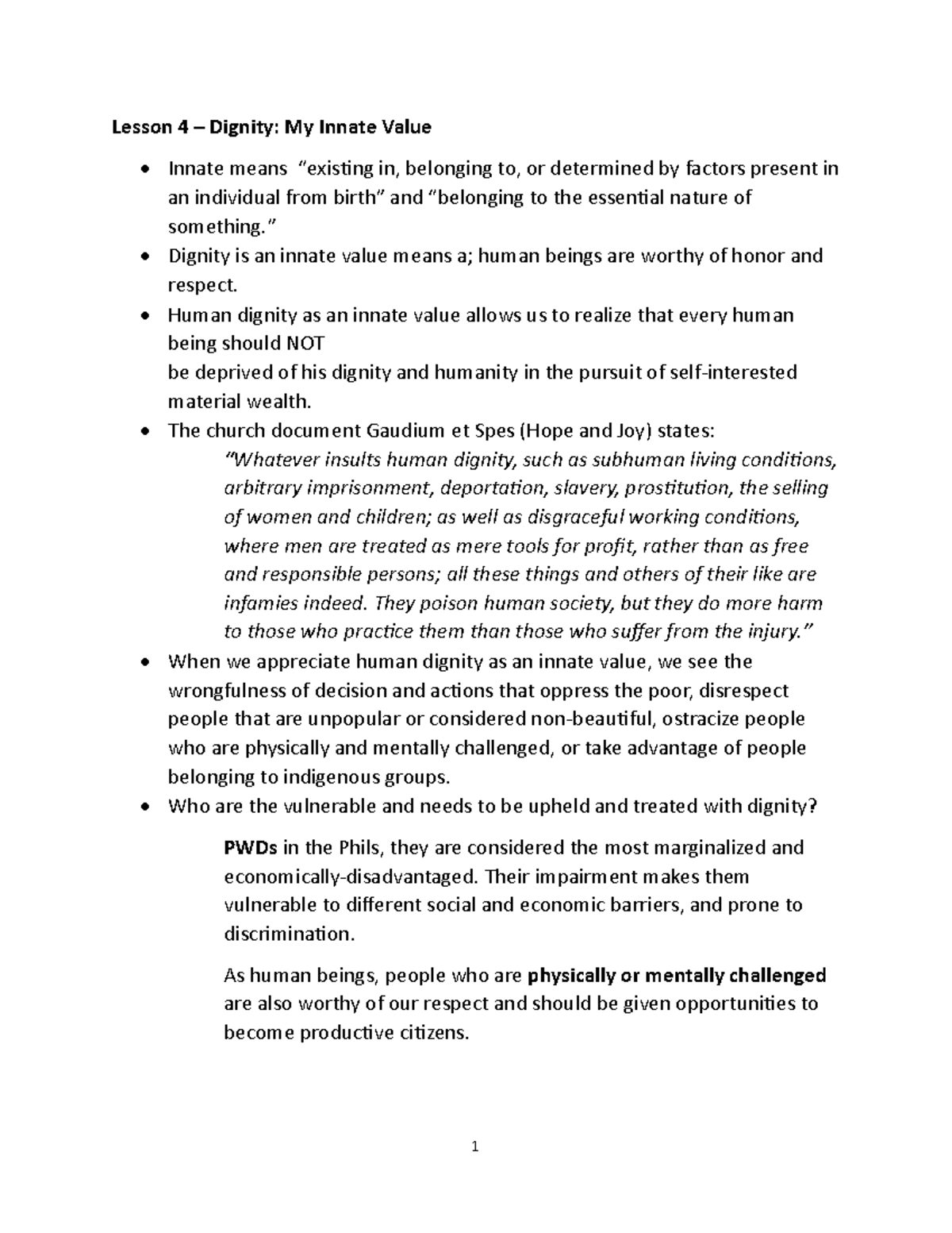 Lesson+2.1+Notes+Dignity,+My+Innate+Value - 1 Lesson 4 – Dignity: My ...