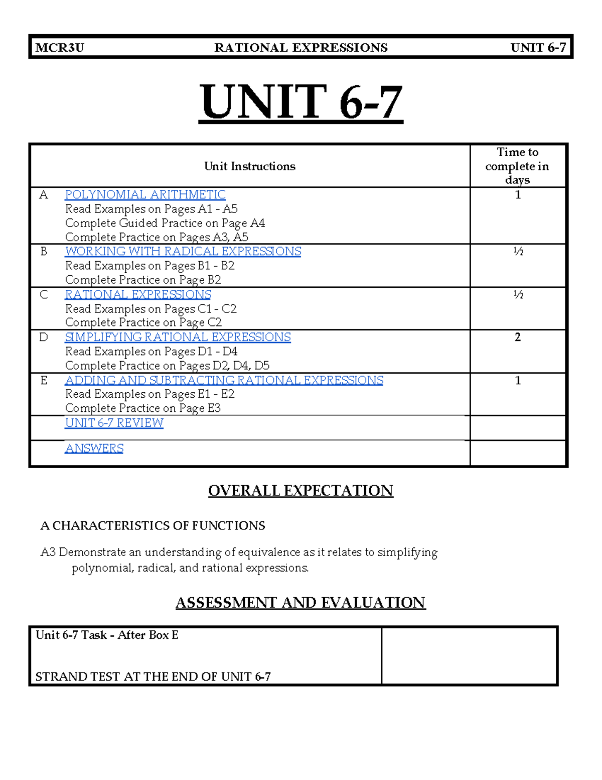 Unit 6-7 - Functions MCR3U Unit 6-7 - UNIT 6- Unit Instructions Time to ...