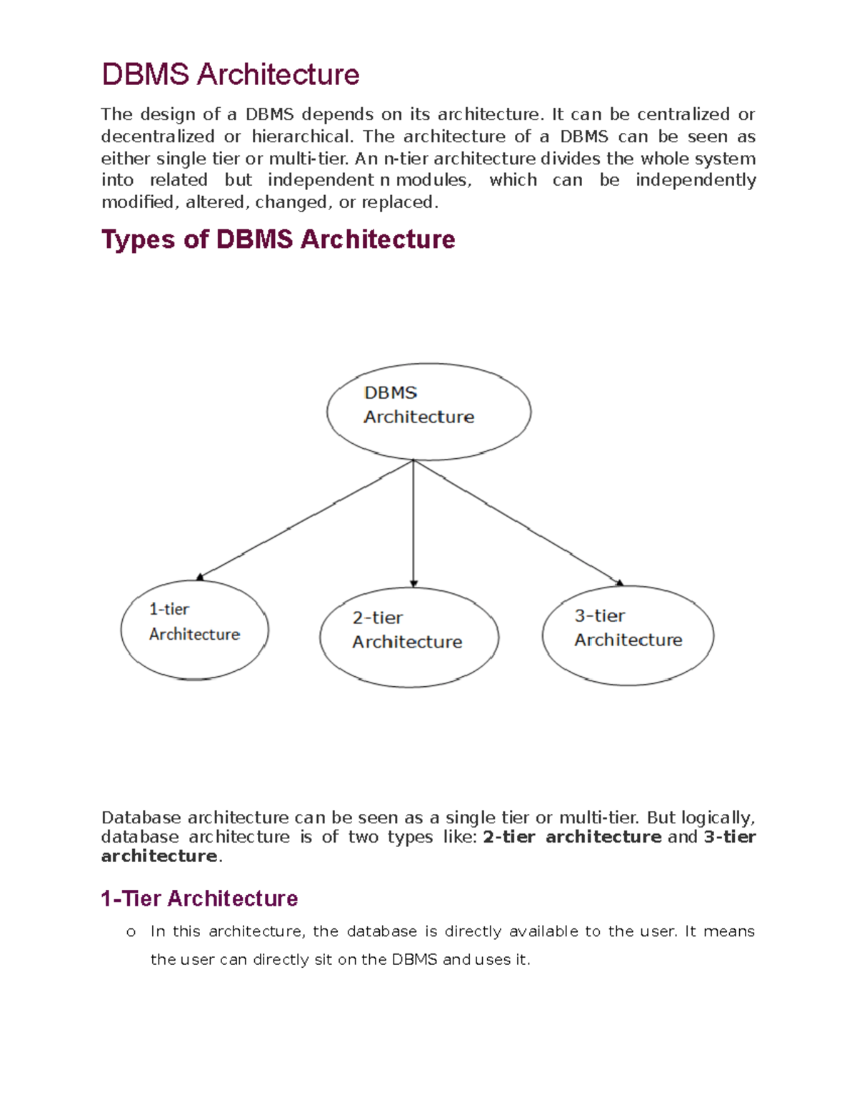 Database management System - DBMS Architecture The design of a DBMS ...