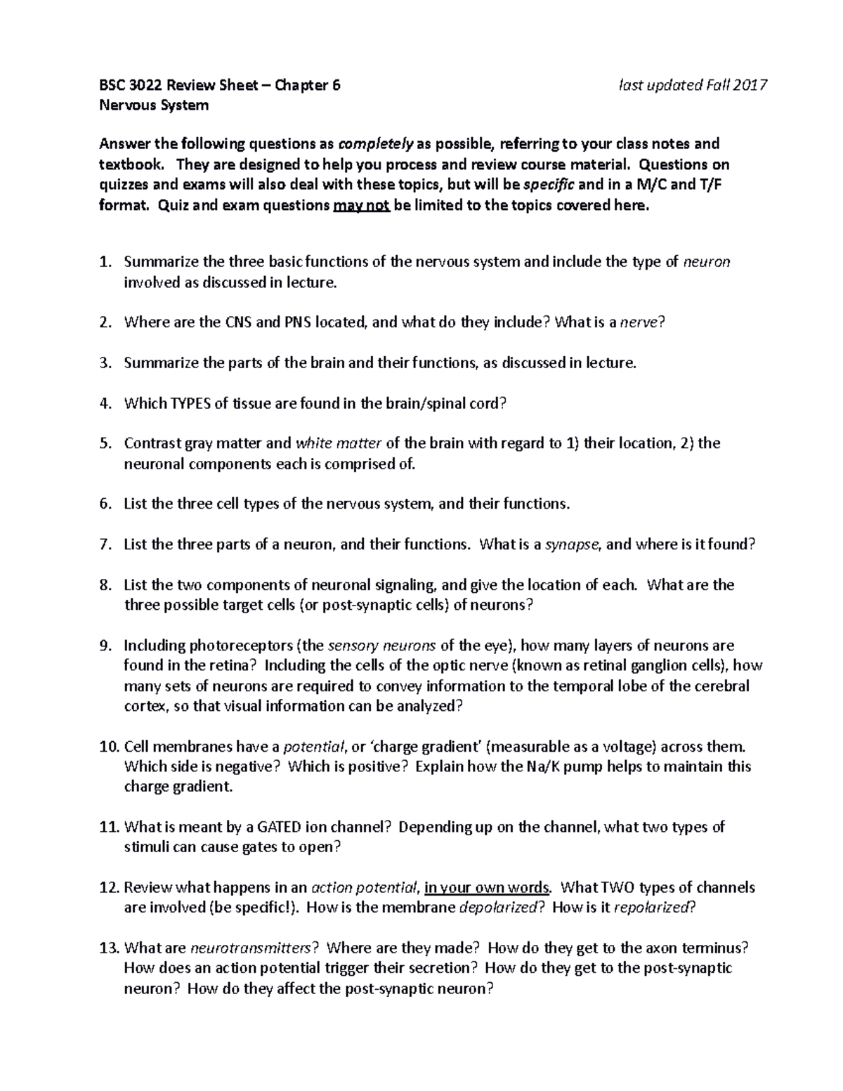 Review - Chapter 6 Fall 2017 - BSC 3 022 Review Sheet – Chapter 6 last ...