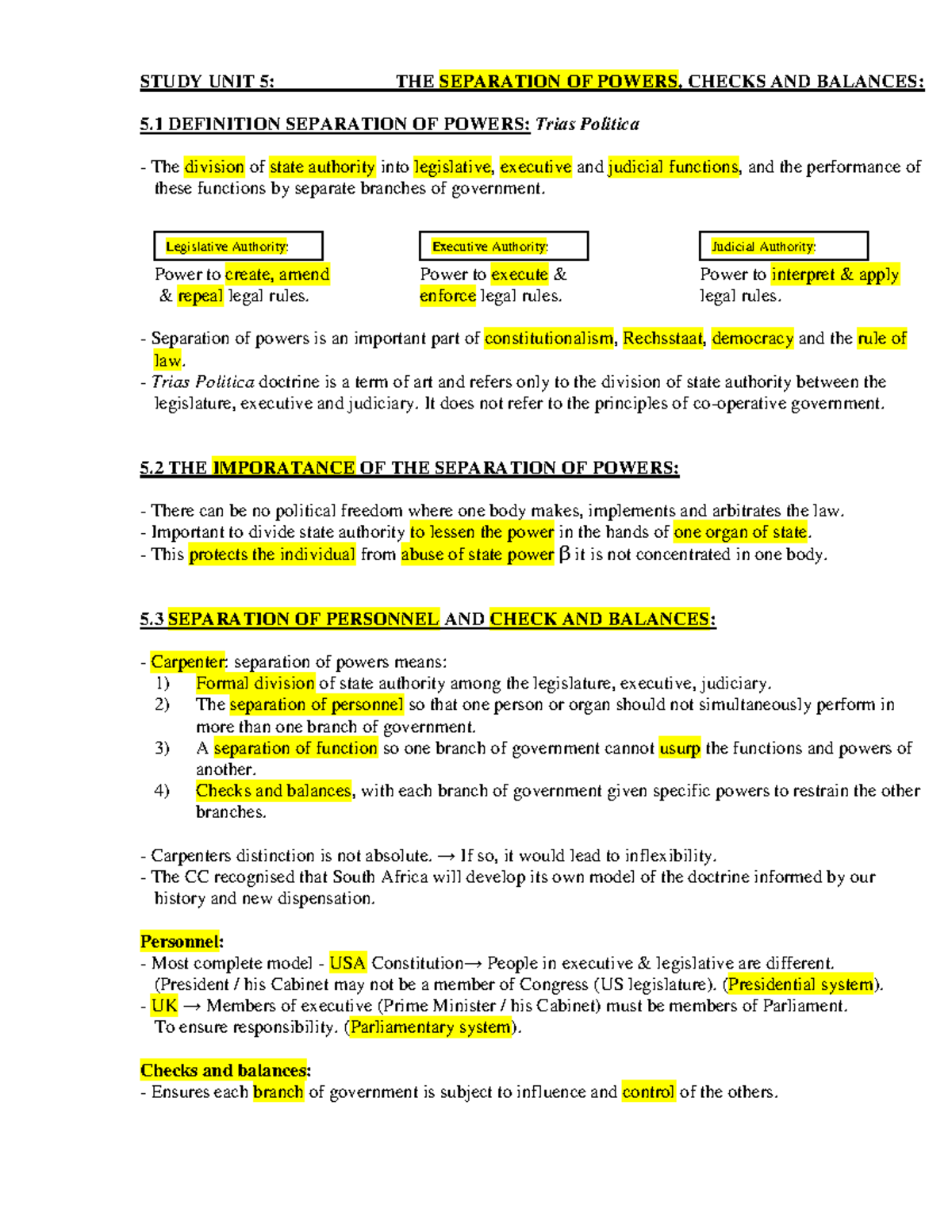 5 Separation Of Powers STUDY UNIT 5 THE SEPARATION OF POWERS CHECKS 