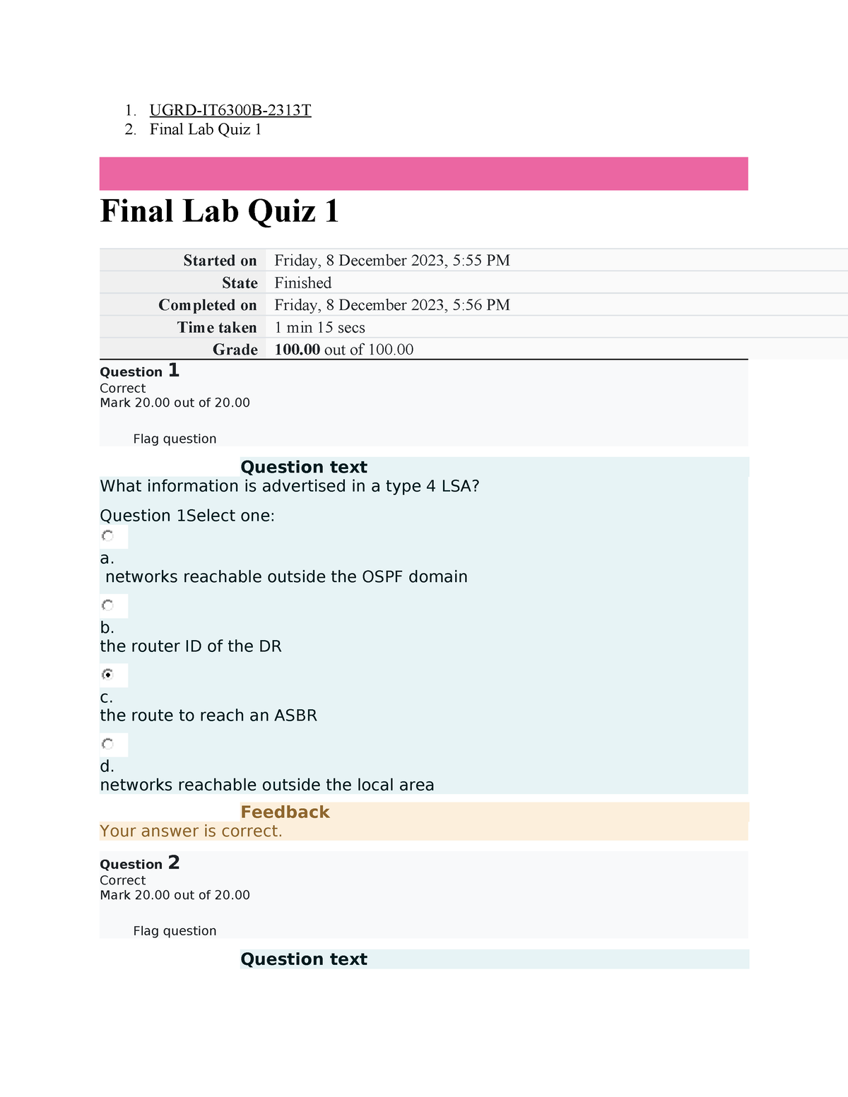 UGRD-IT6300B Data Communications And Networking 3 Final Lab Quiz 1 - 1 ...