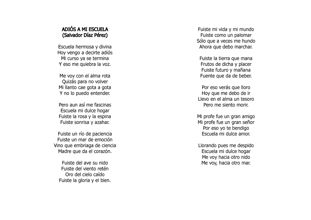 Poema Adios A MI Escuela ADI S A MI ESCUELA Salvador D az