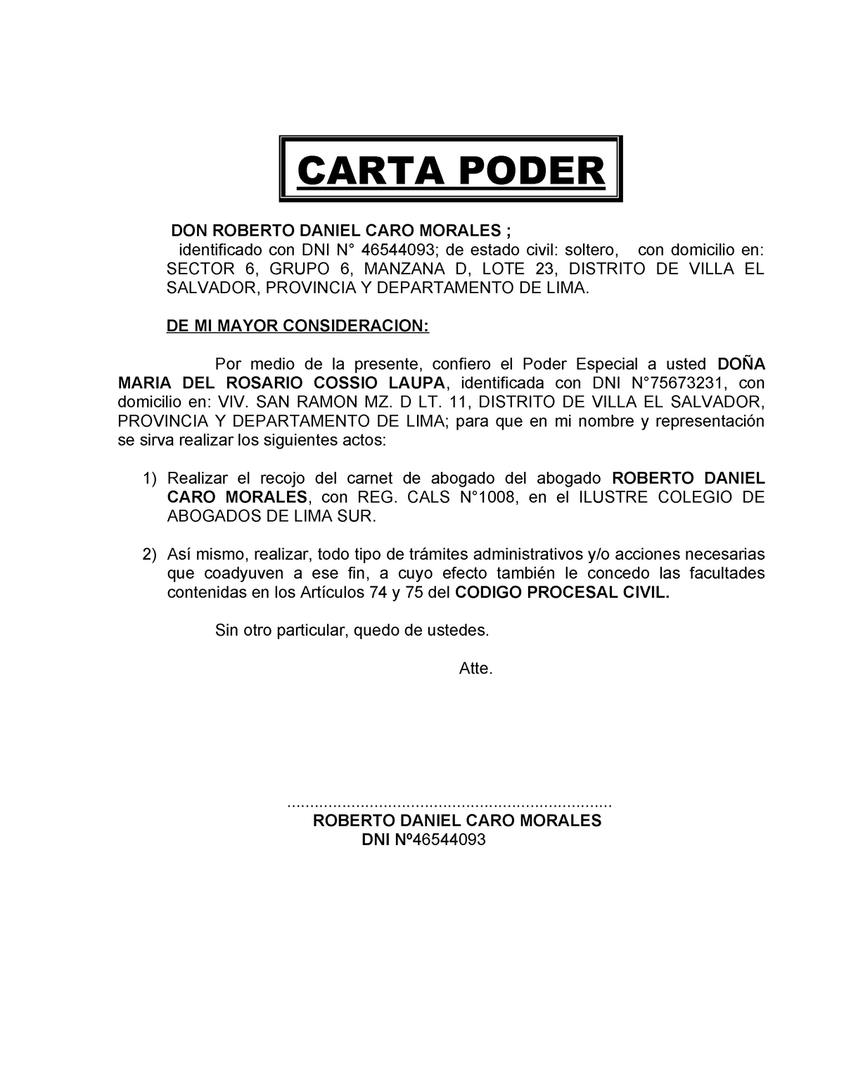 Carta Poder Recojo De Carnet De Abogado Carta Poder Don Roberto Daniel Caro Morales 2120