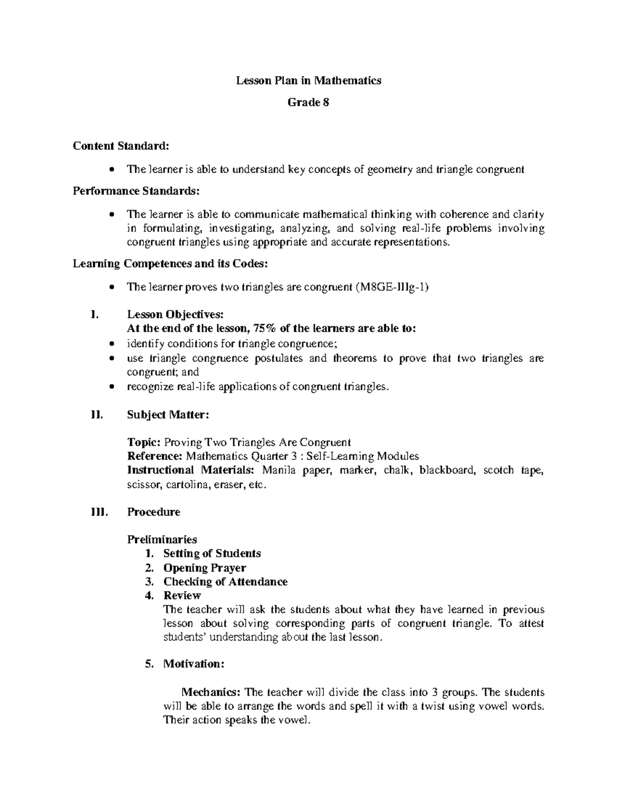 M6 L1 Proving Two Triangles Are Congruent Lesson Plan in Mathematics