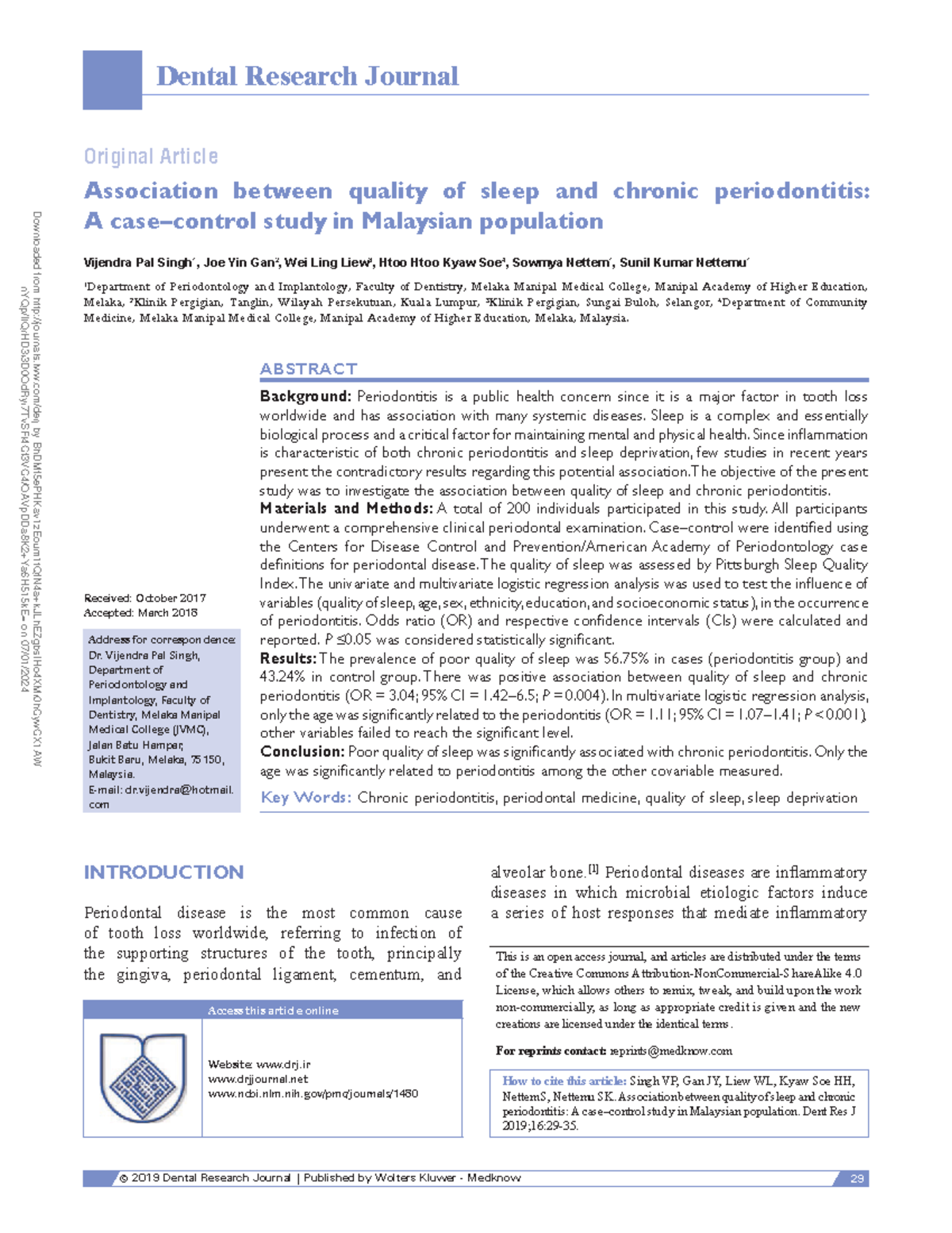 Association between quality of sleep and chronic - ABSTRACT Background ...