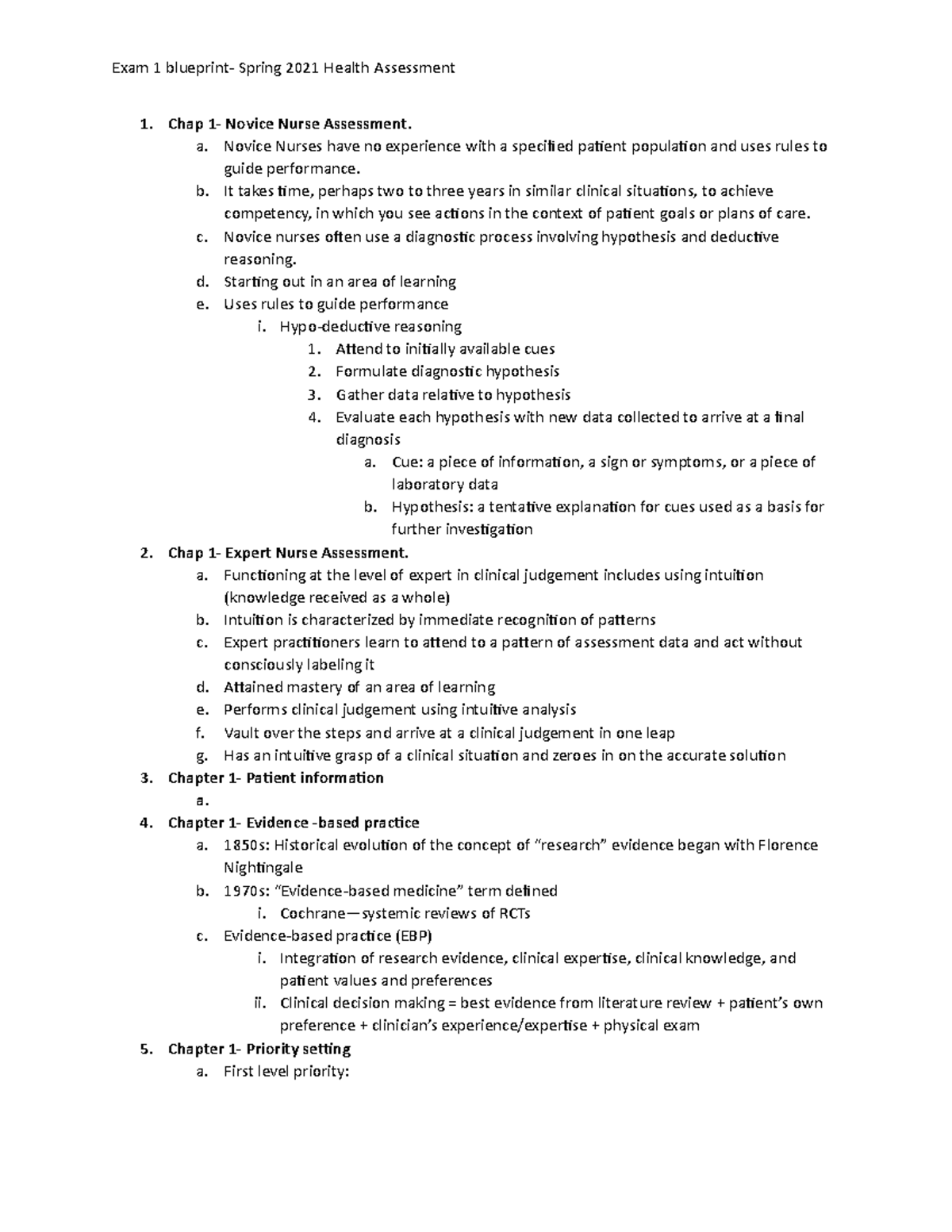 Exam 1 Blueprint Cultural Health Assessment - Chap 1- Novice Nurse 