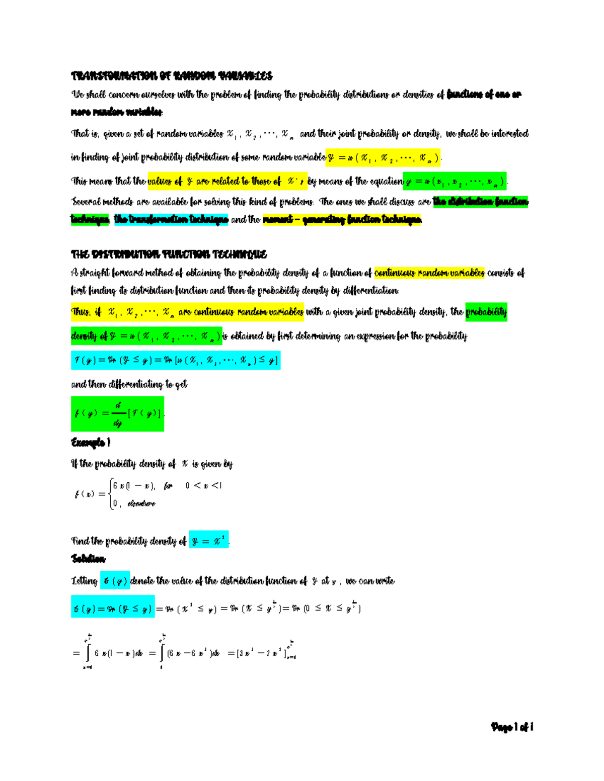 STA227-Week4 - week 4 notes - TRANSFORMATION OF RANDOM VARIABLES We ...