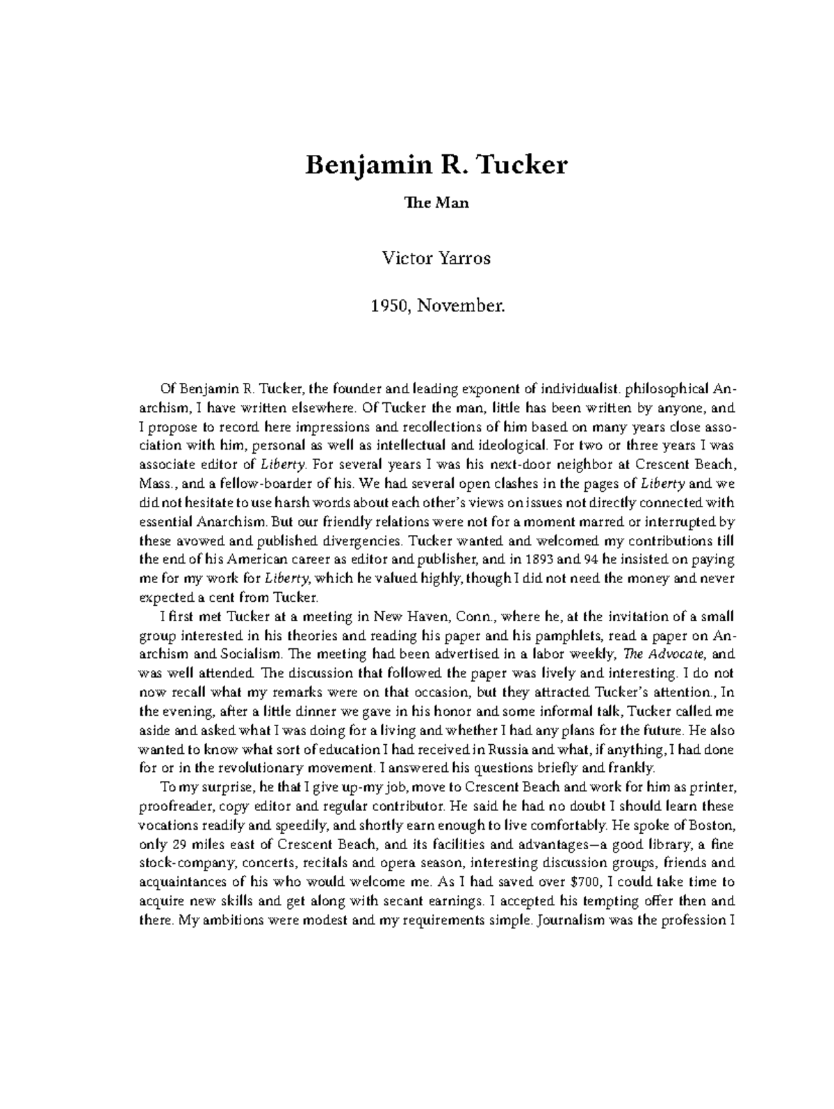 Victor yarros benjamin r tucker - Benjamin R. Tucker The Man Victor ...