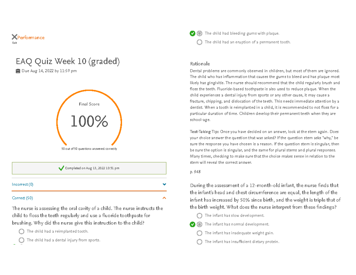 EAQ Quiz Week 10 (graded) - Exit Performance EAQ Quiz Week 10 (graded ...