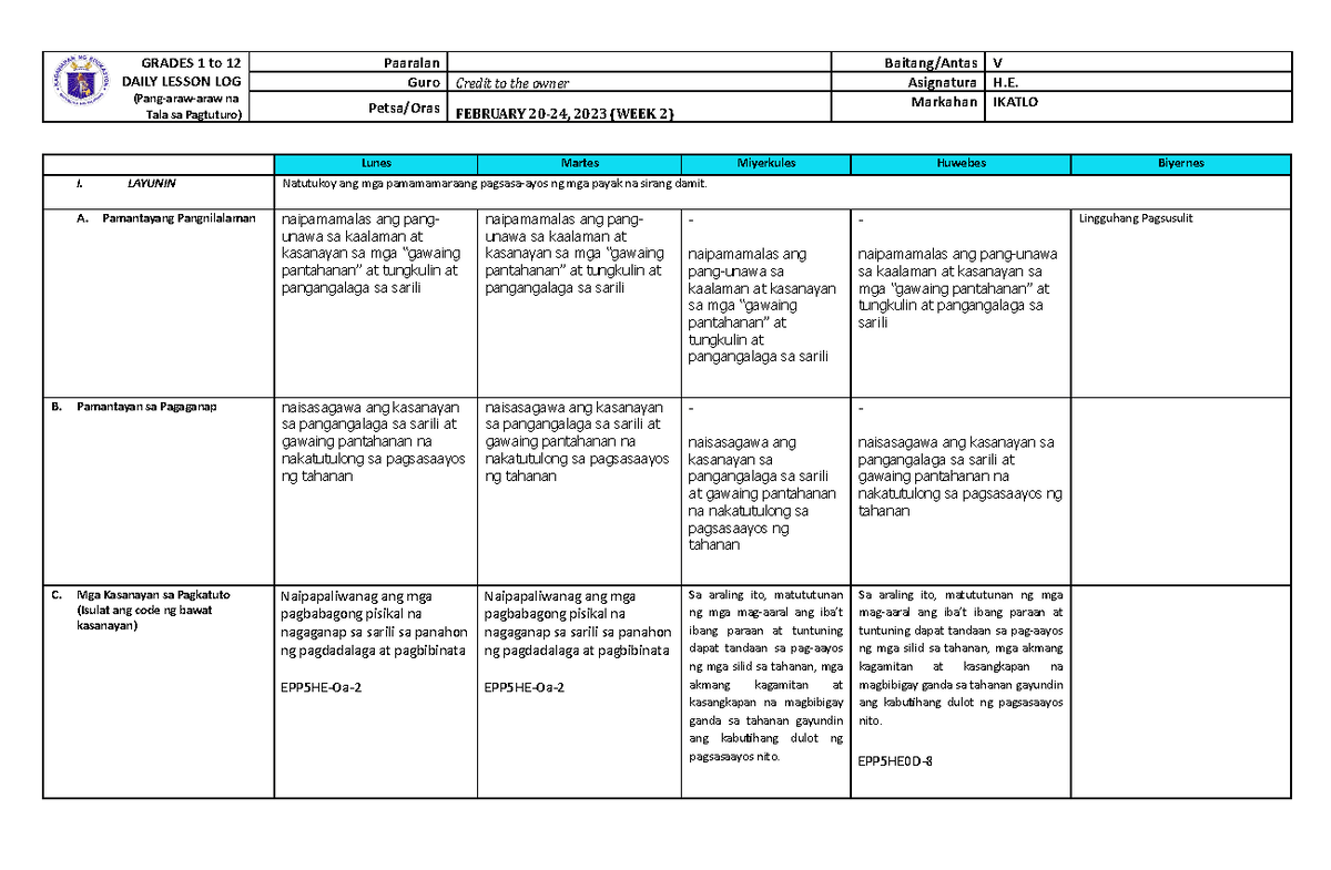 Grade 5 DLL H.E. 5 Q3 Week 2 - GRADES 1 to 12 DAILY LESSON LOG (Pang ...