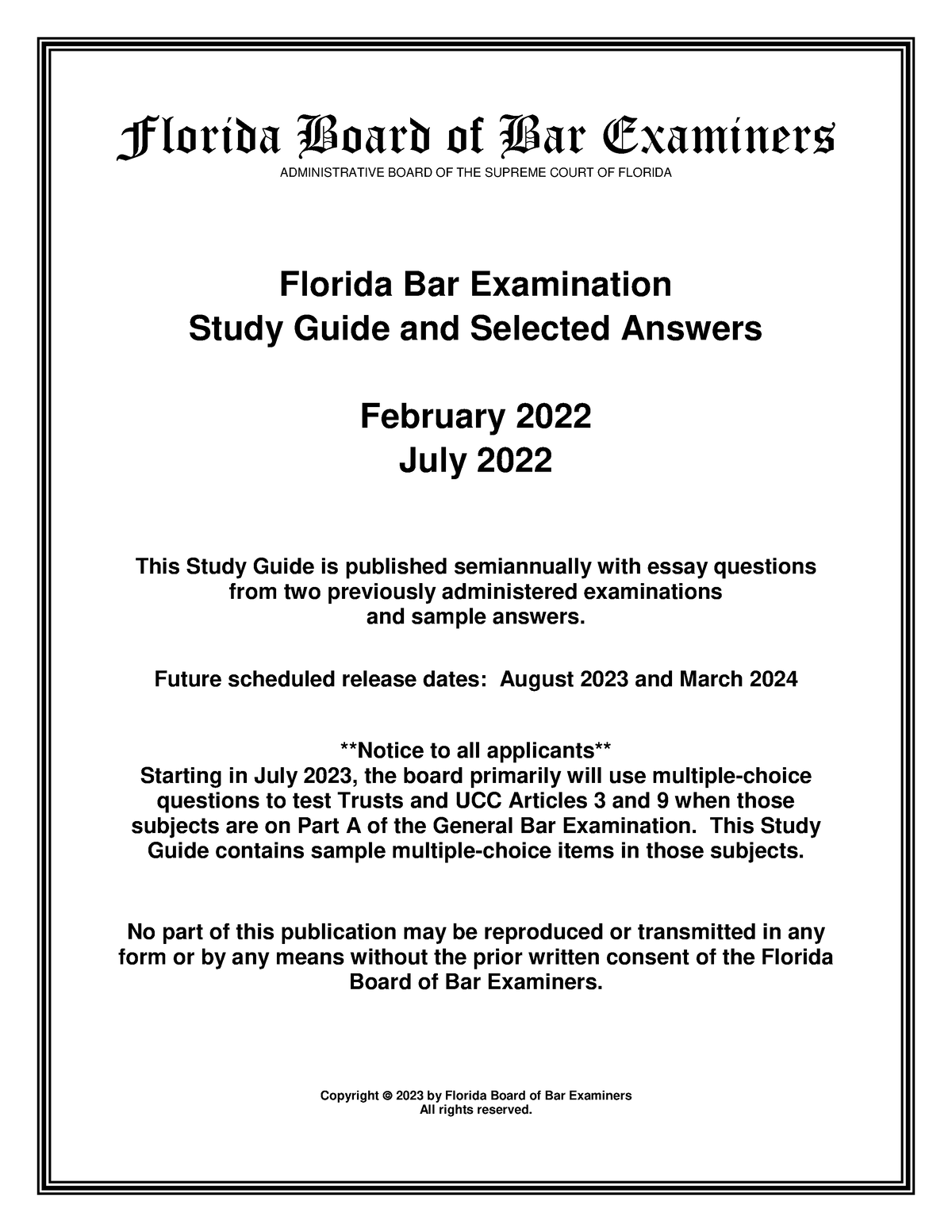 SG0323 Florida Bar Exam Study Aids RSM 616 University of Miami