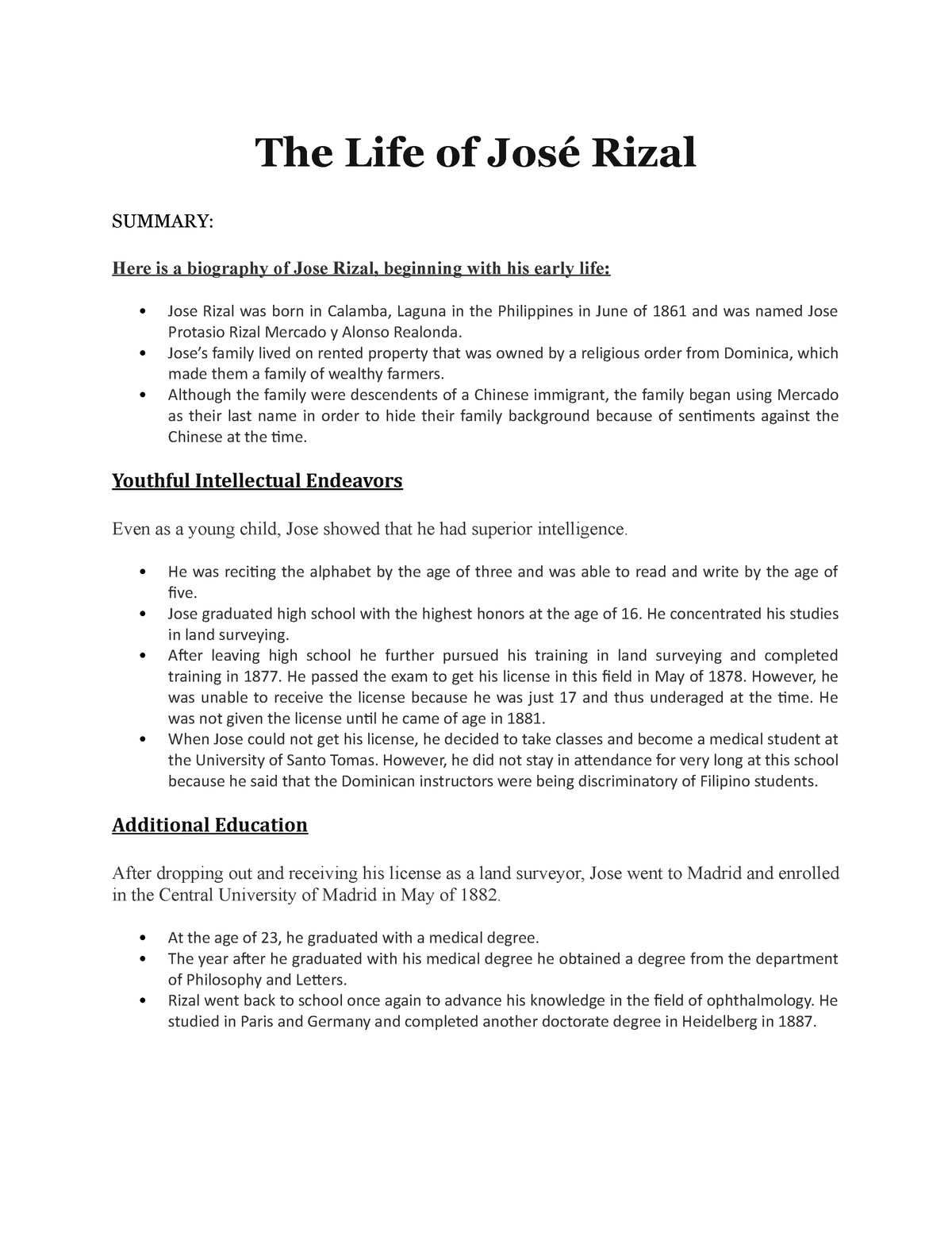 The Life of José Rizal - The Life of José Rizal SUMMARY: Here is a  biography of Jose Rizal, - Studocu