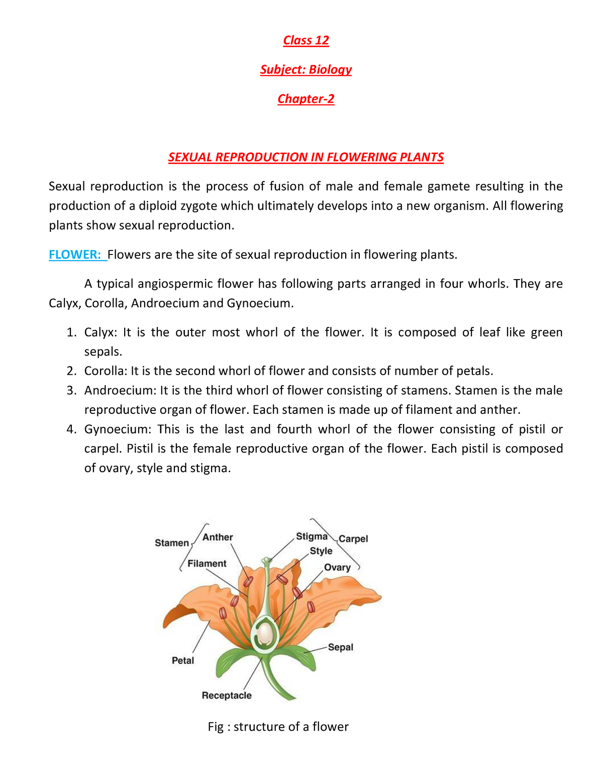 Lecture Notes ON Sexual Reproduction IN Flowering Plants - Class 12 ...