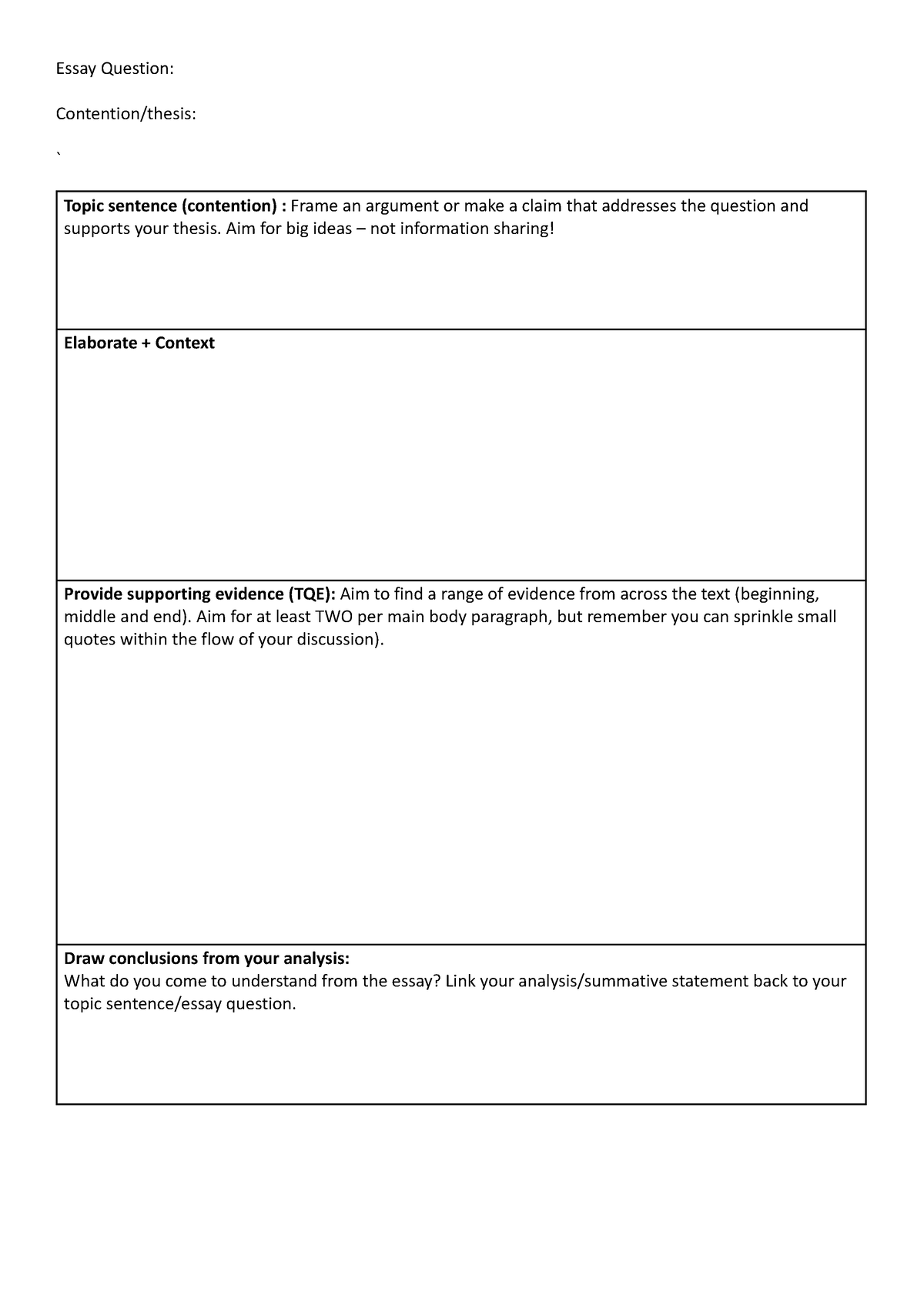 Essay planning tool - Essay Question: Contention/thesis: ` Topic ...