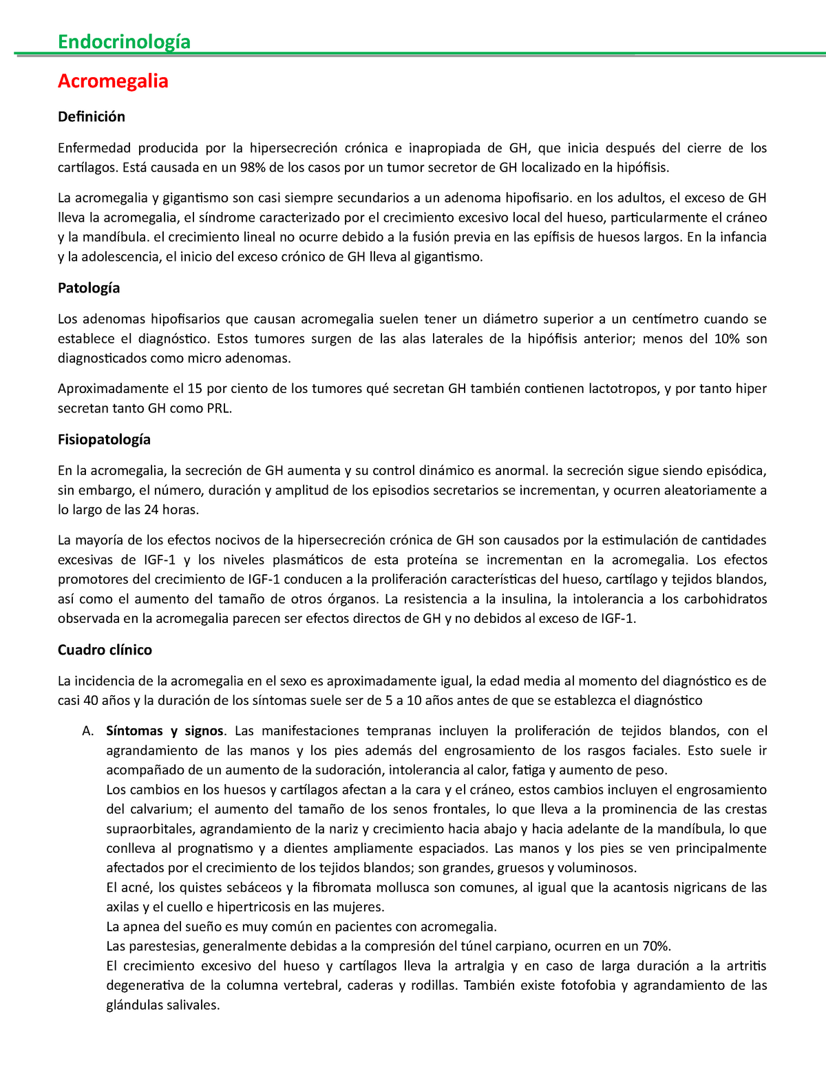 Resumen Acromegalia Endocrinología Básica Y Clínica Endocrinología Acromegalia Definición