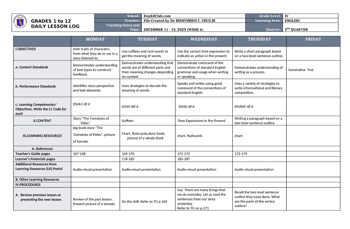 DLL English 4 Q2 W6 - SEMI DETAILED - GRADES 1 To 12 DAILY LESSON LOG ...