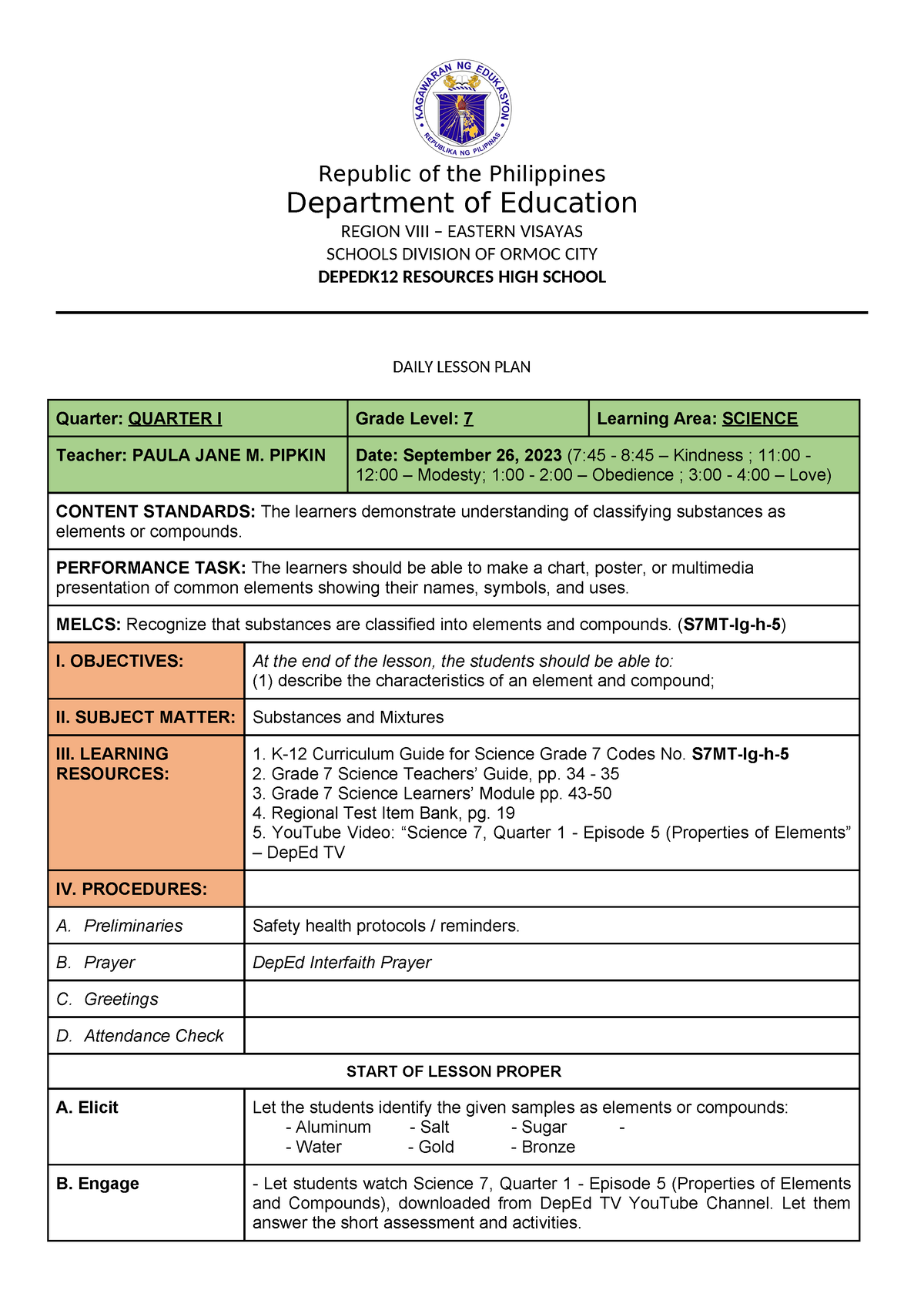 Daily Lesson Plan - Week 4 - Elements On Food Labels - Republic Of The ...