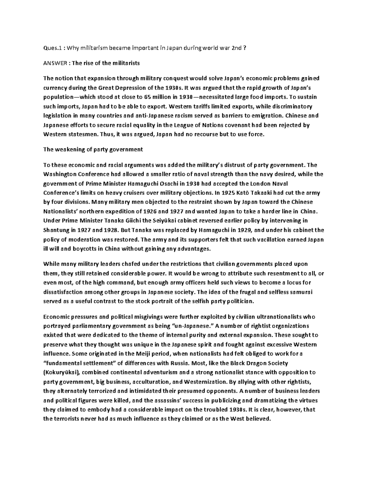 History Notes Ques Why militarism became important in Japan