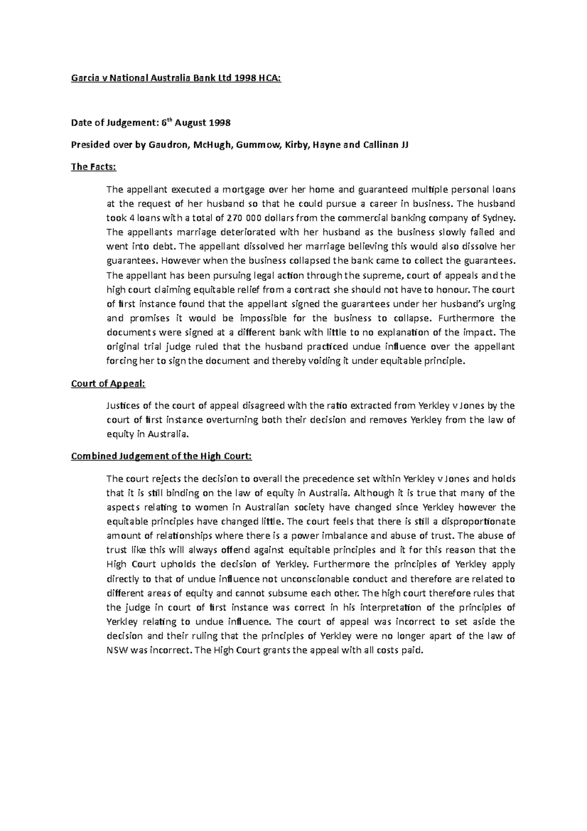 Summary Summary of landmark equity decision Garcia v NAB Garcia v