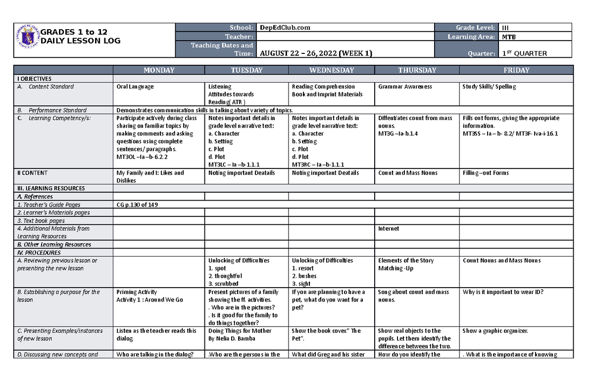 DLL MTB 3 Q1 W1 - new lesson - GRADES 1 to 12 DAILY LESSON LOG School ...
