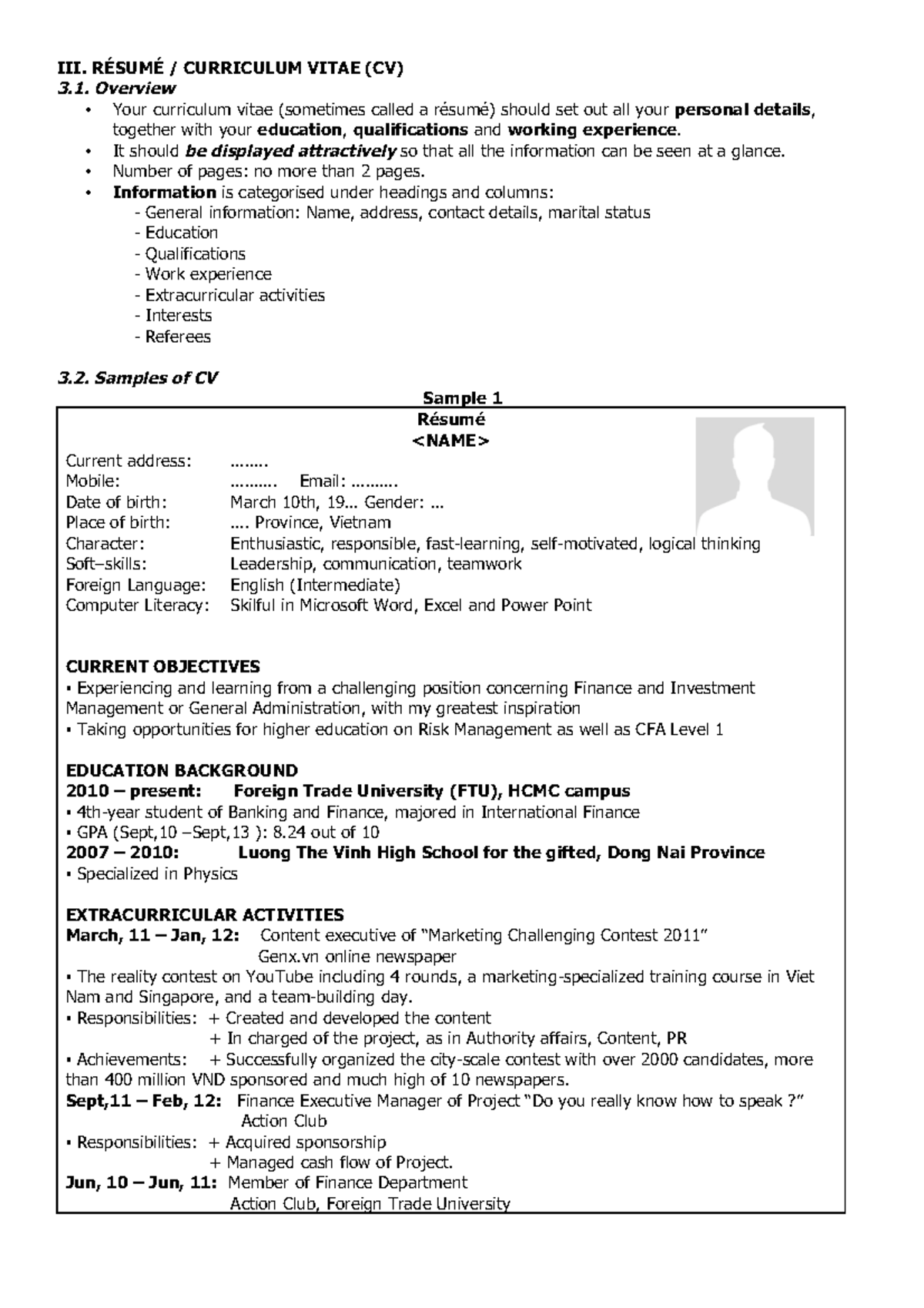 7 Resumefdsfdsfds - III. RÉSUMÉ / CURRICULUM VITAE (CV) Overview Your ...