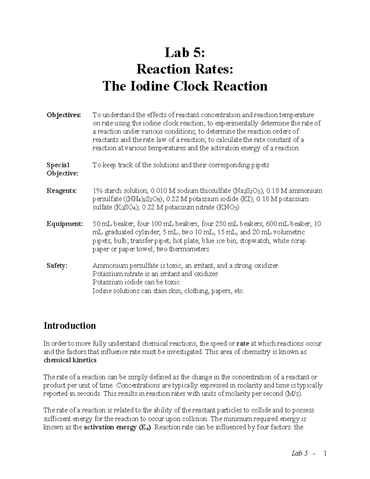 Lab 5 Chemical The Iodine Clock Reaction Lab 5