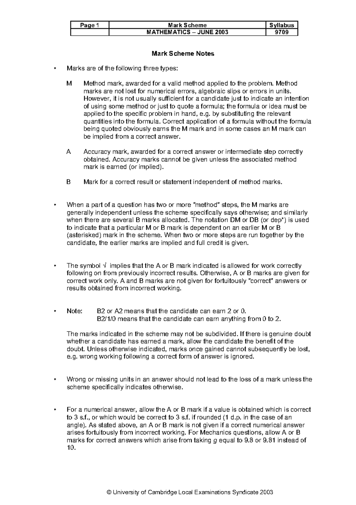 9709 s03 ms 1+2+3+4+5+6+7 - Page 1 Mark Scheme Syllabus MATHEMATICS ...