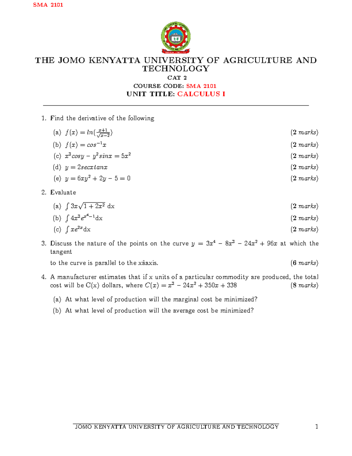 CAT 2 Mathematics 11 - An assignment on Calculus - SMA 2101 THE JOMO ...