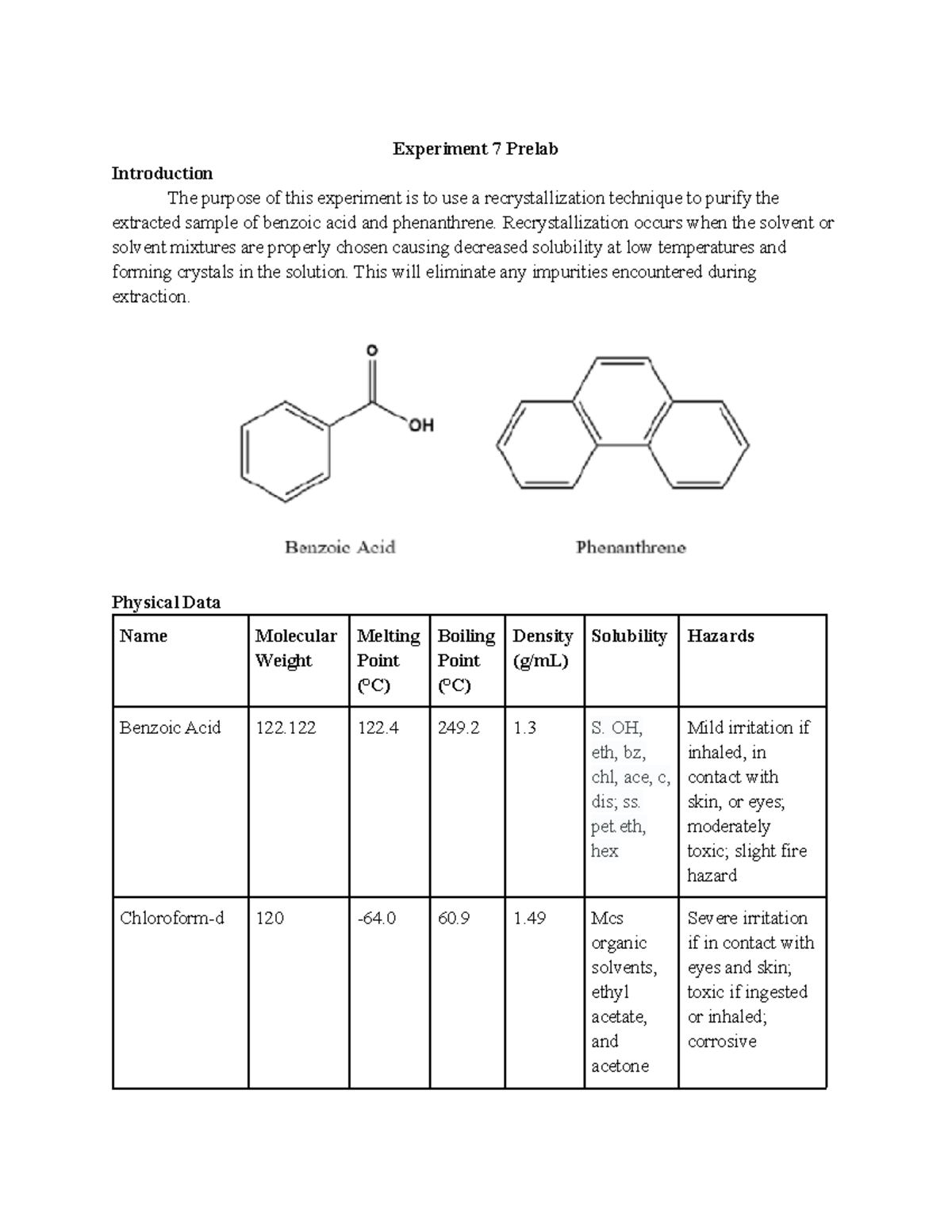 Recrystallization Lab Report - Experiment 7 Prelab Introduction The ...