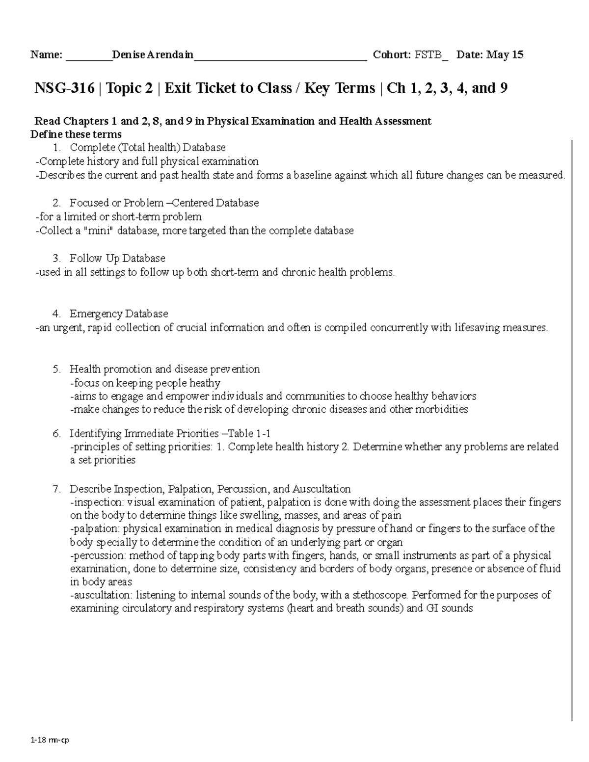 Week 2 terms - Exam 1 NSG 316 Study Guide - Name: Denise Arendain ...