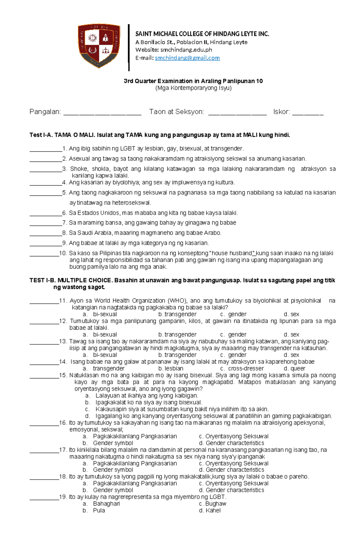 3rd - Examination - SAINT MICHAEL COLLEGE OF HINDANG LEYTE INC. A ...