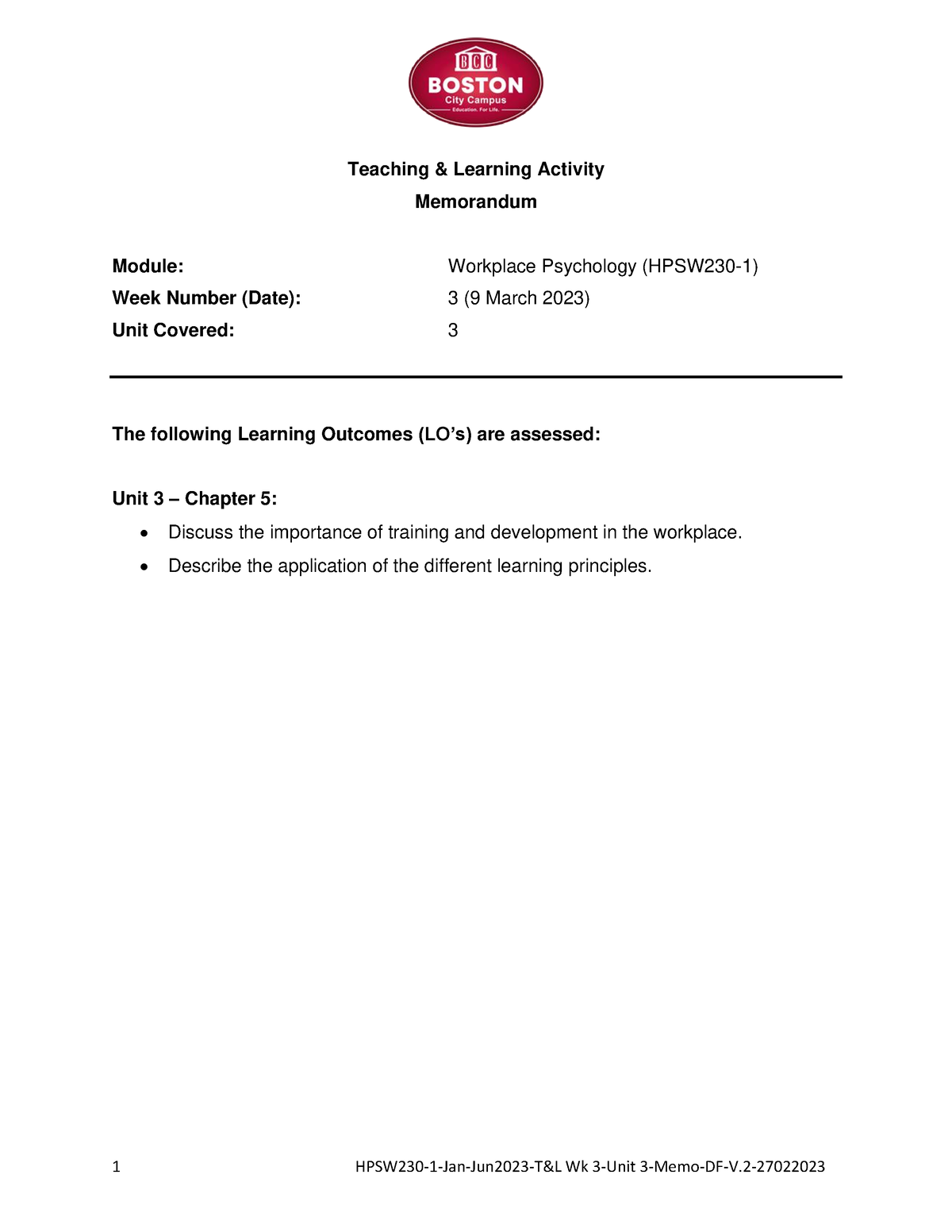 Unit 3 Workplace Psychology - Teaching & Learning Activity Memorandum ...