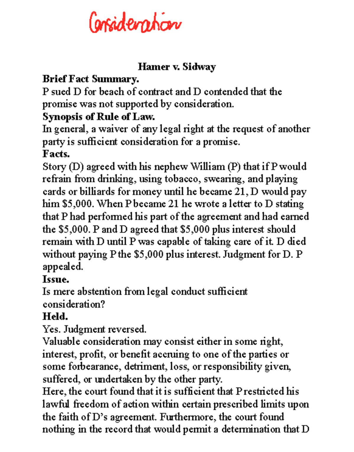 1. Hamer v Sidway - PRACTICE - Hamer v. Sidway Brief Fact Summary. P ...