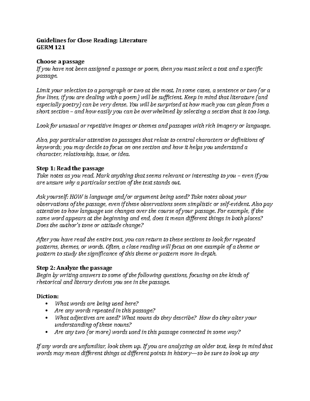 GERM 121 Guidelines for Close Reading - Guidelines for Close Reading ...