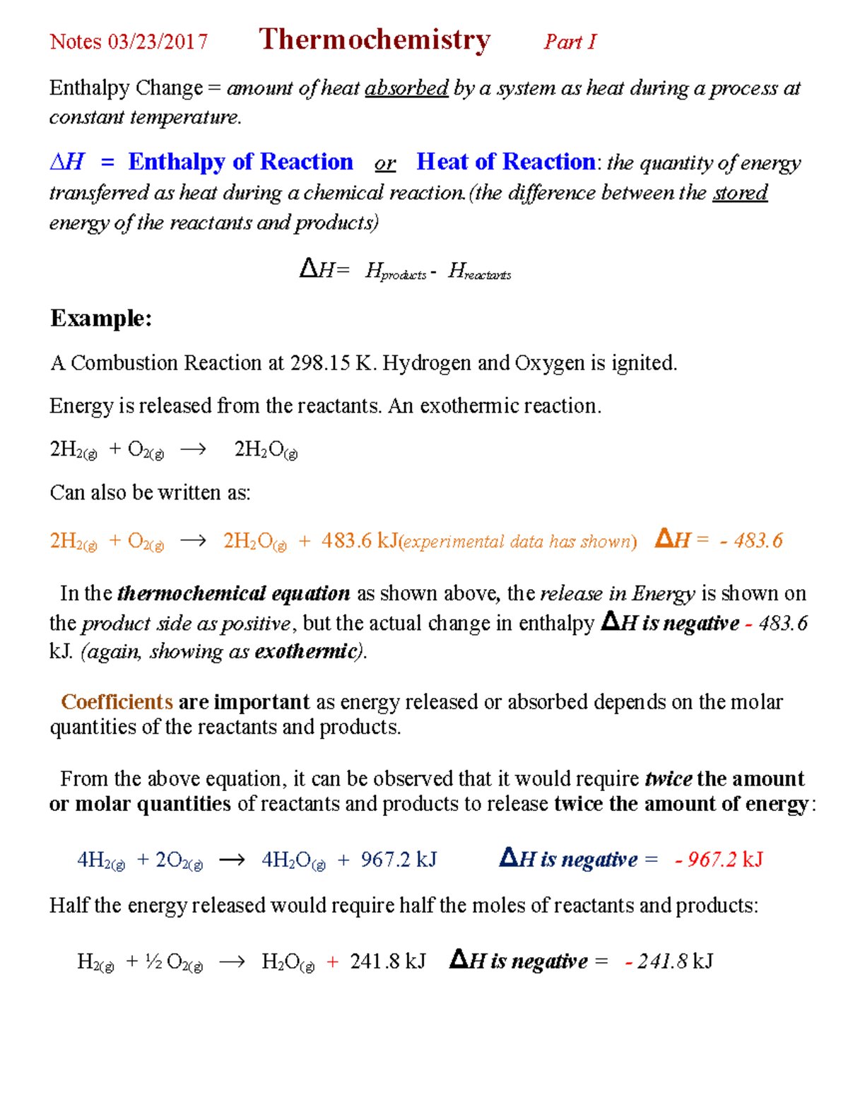 Hess's Law Notes - Notes 03/23/2017 Thermochemistry Part I Enthalpy ...