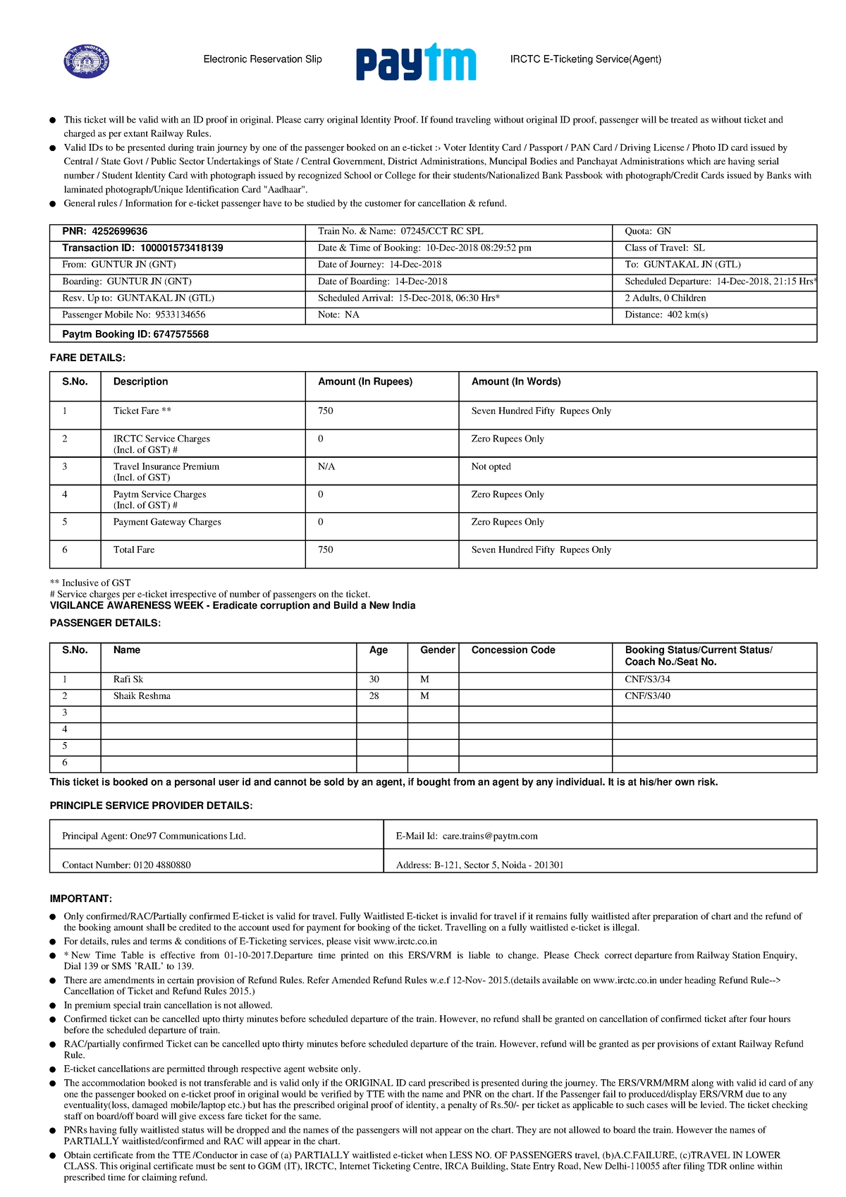 Ticket 4922588519 - RFK - Electronic Reservation Slip IRCTC E-Ticketing ...