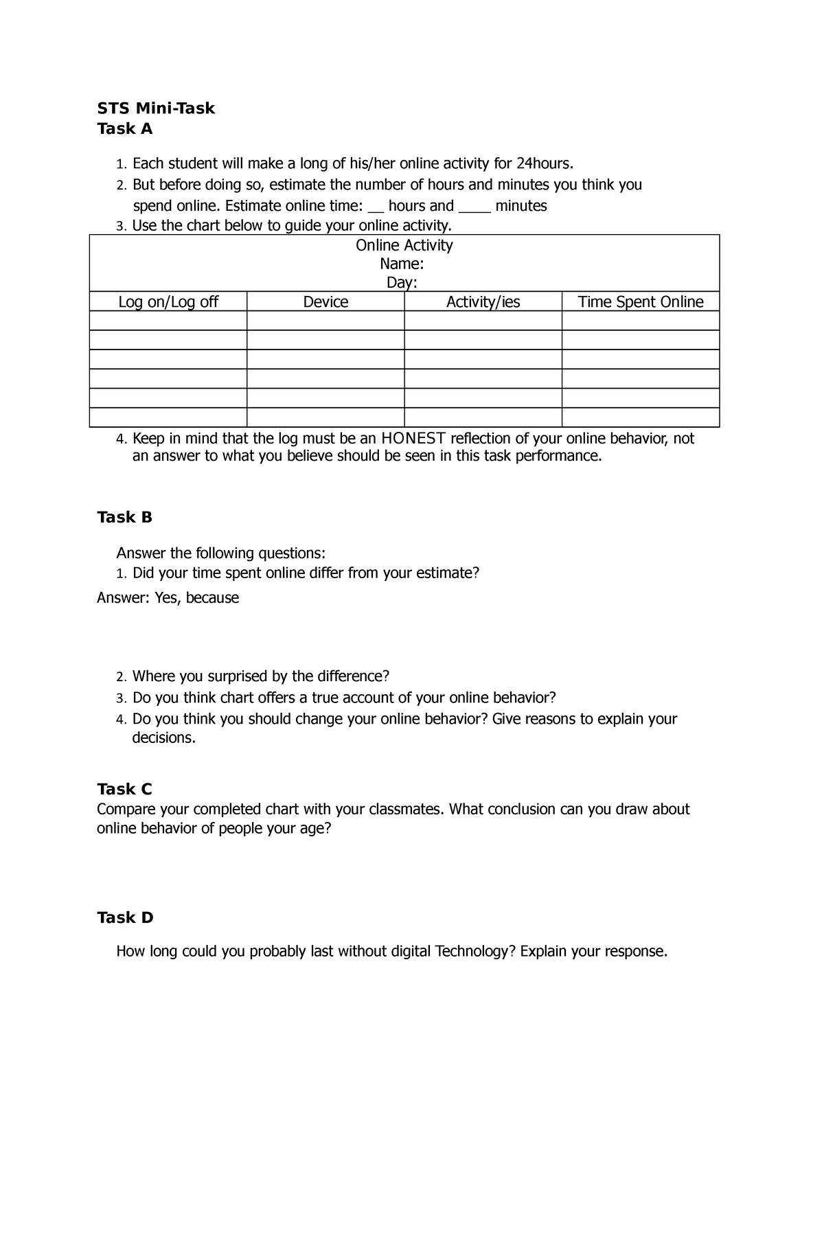 File - None - STS Mini-Task Task A Each student will make a long of his ...