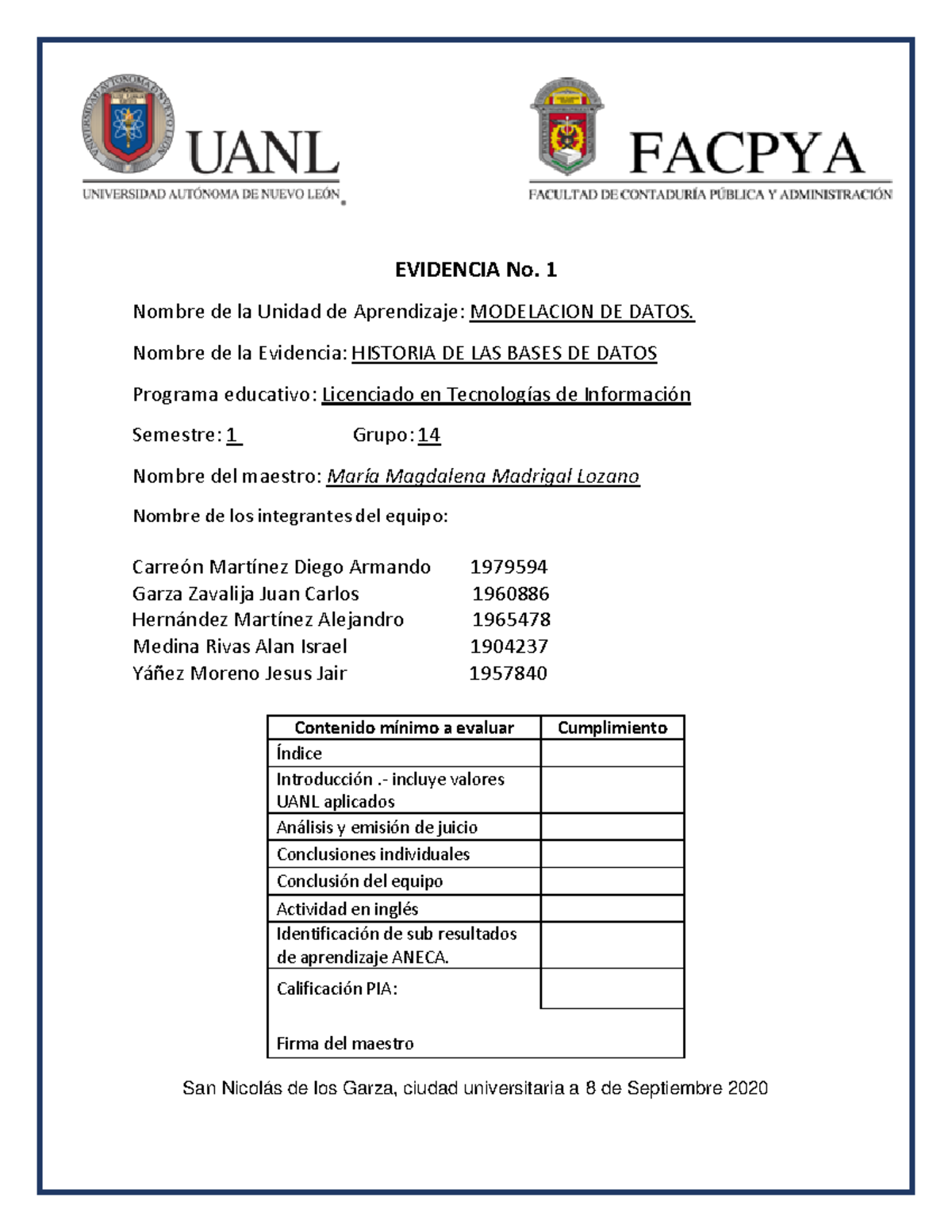 E1 Modelacion Historia DE LAS Bases DE Datos - EVIDENCIA No. 1 Nombre ...
