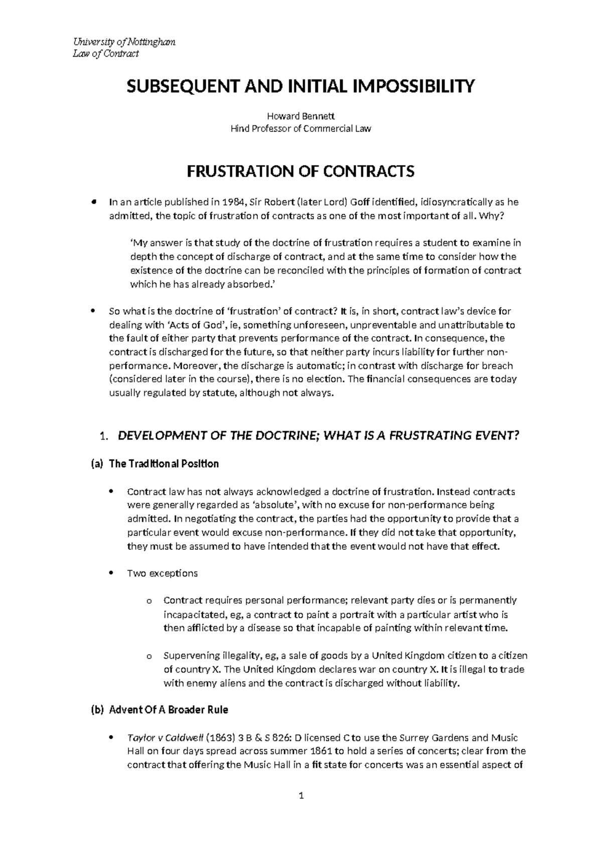 12 Impossibility - Law of Contract SUBSEQUENT AND INITIAL IMPOSSIBILITY ...