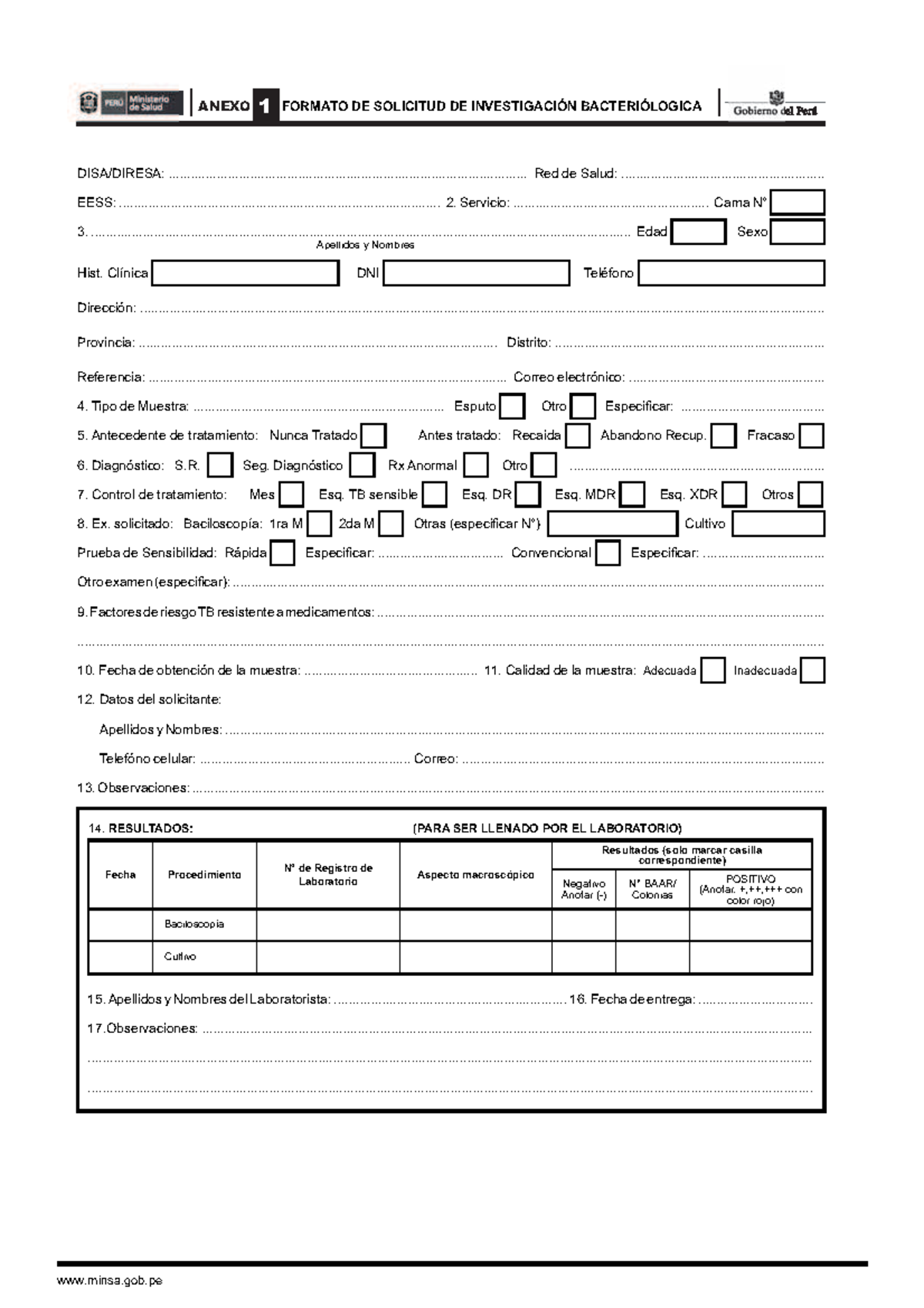 Anexo 1 Formato De Solicitud De Investigacion Bacteriologica Minsa Gob ANEXO 1 FORMATO DE