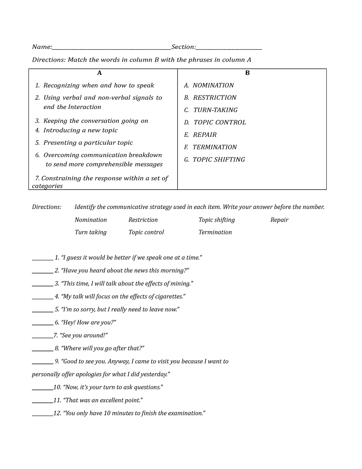 OC - Quiz 1 - Quiz. - Name:___________________Section: Directions ...