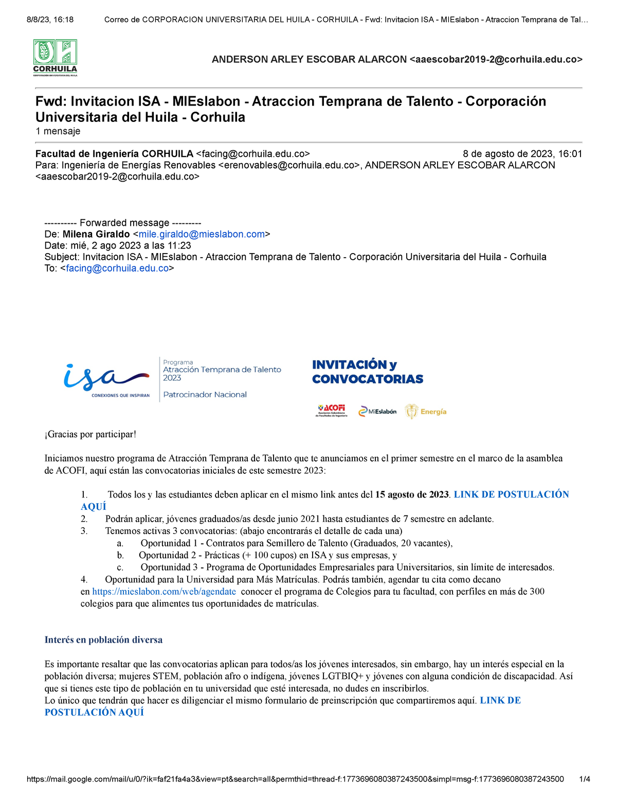 Correo De Corporacion Universitaria DEL Huila - Corhuila - Fwd ...