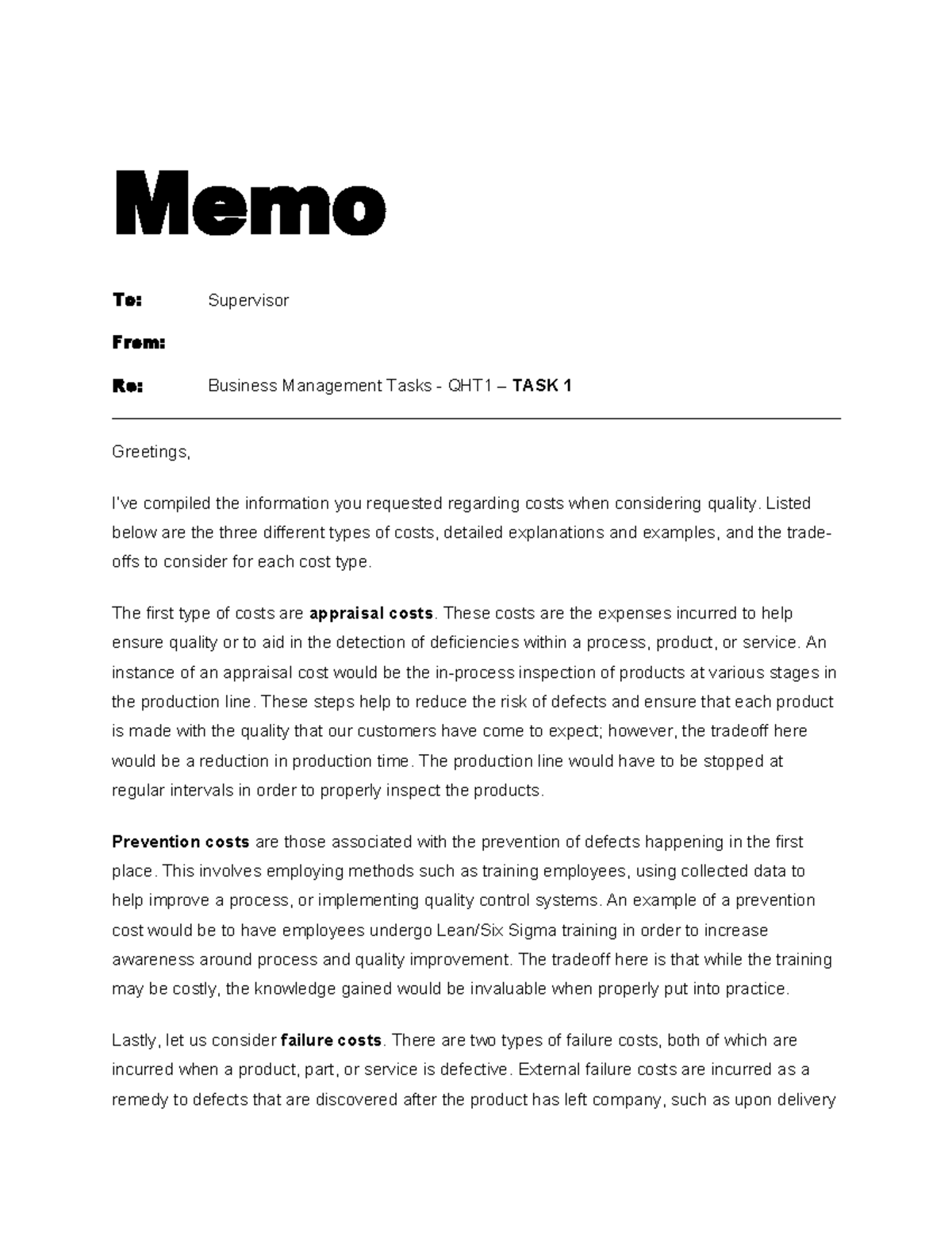 QHT1 - Bus Mgmt - Task 1 [passed] - Memo To: Supervisor From: Re ...