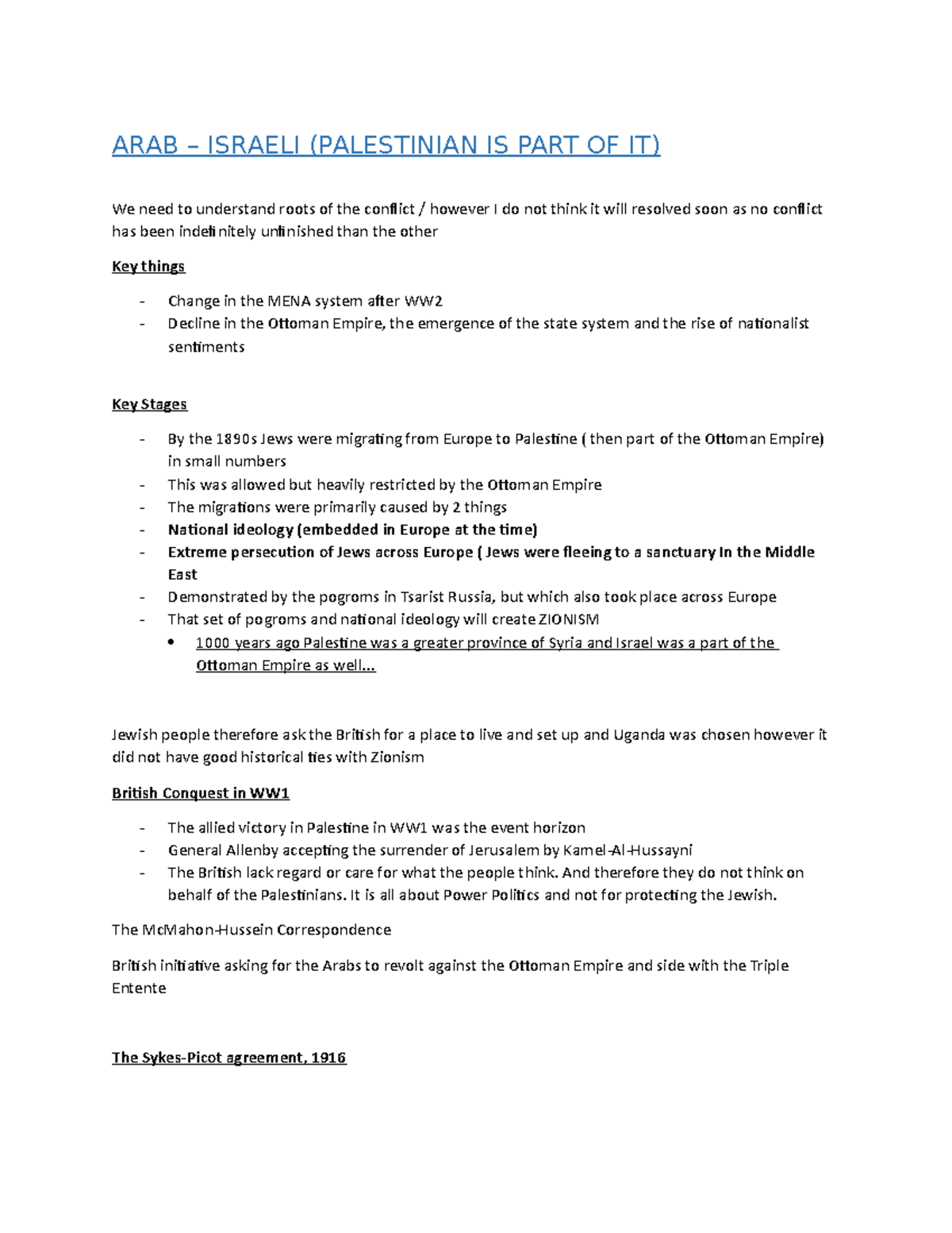 Arab-Israeli - Lecture notes 1 - ARAB – ISRAELI (PALESTINIAN IS PART OF ...