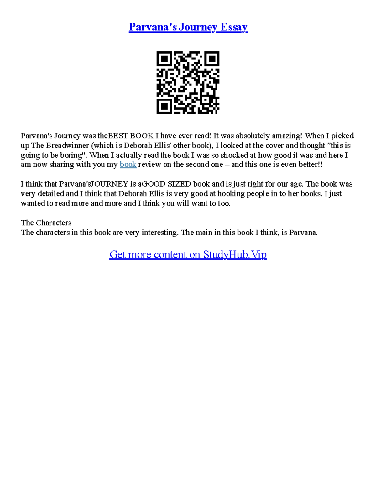 Parvana Essay Parvana Essay - Parvana's Journey Essay Parvana's Journey ...